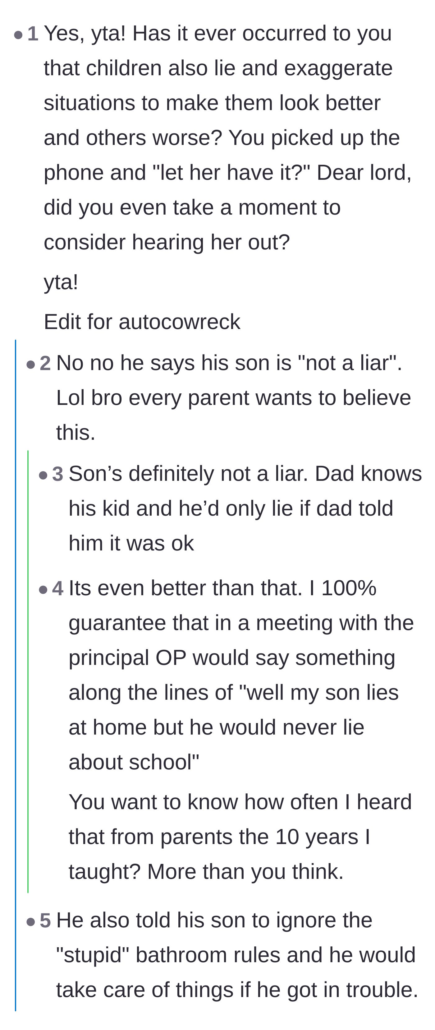 Comment thread 3 - Users mock the father's naive claim that his son is completely incapable of lying.