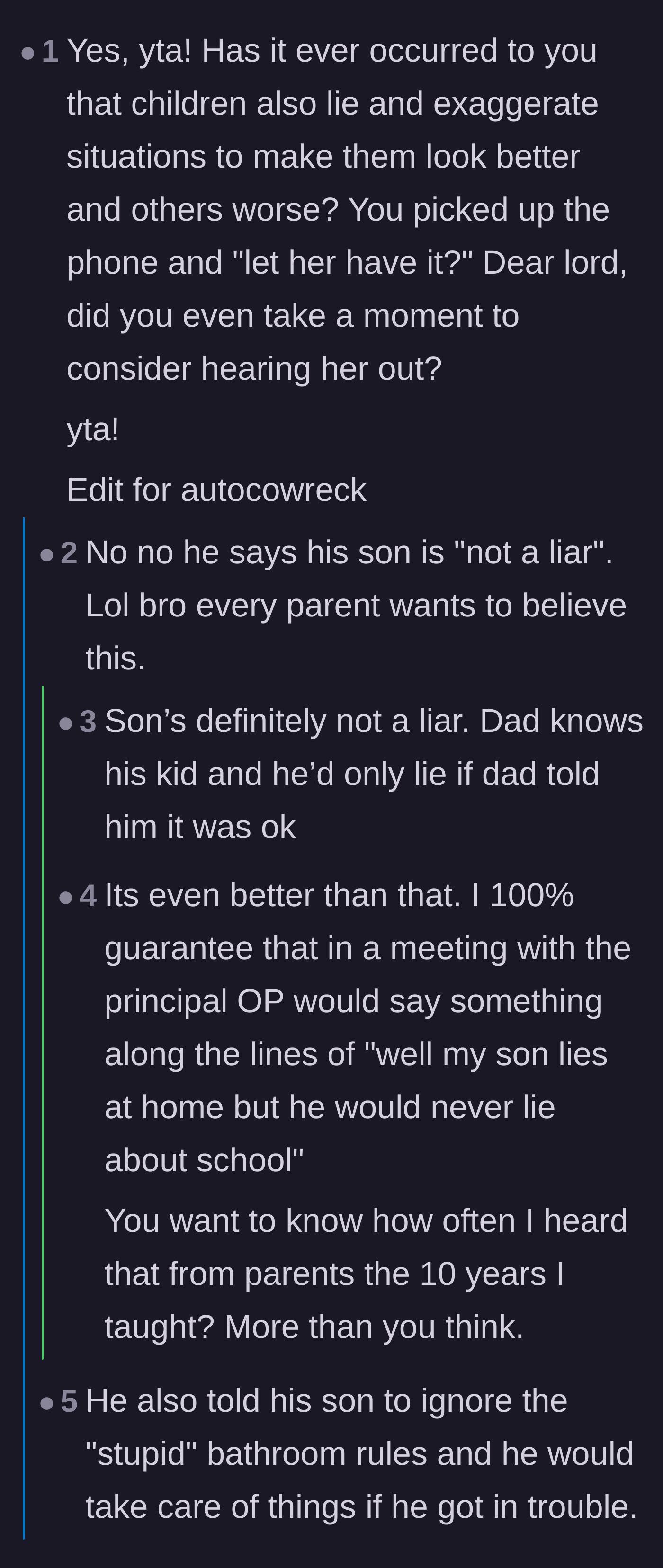Comment thread 3 - Users mock the father's naive claim that his son is completely incapable of lying.