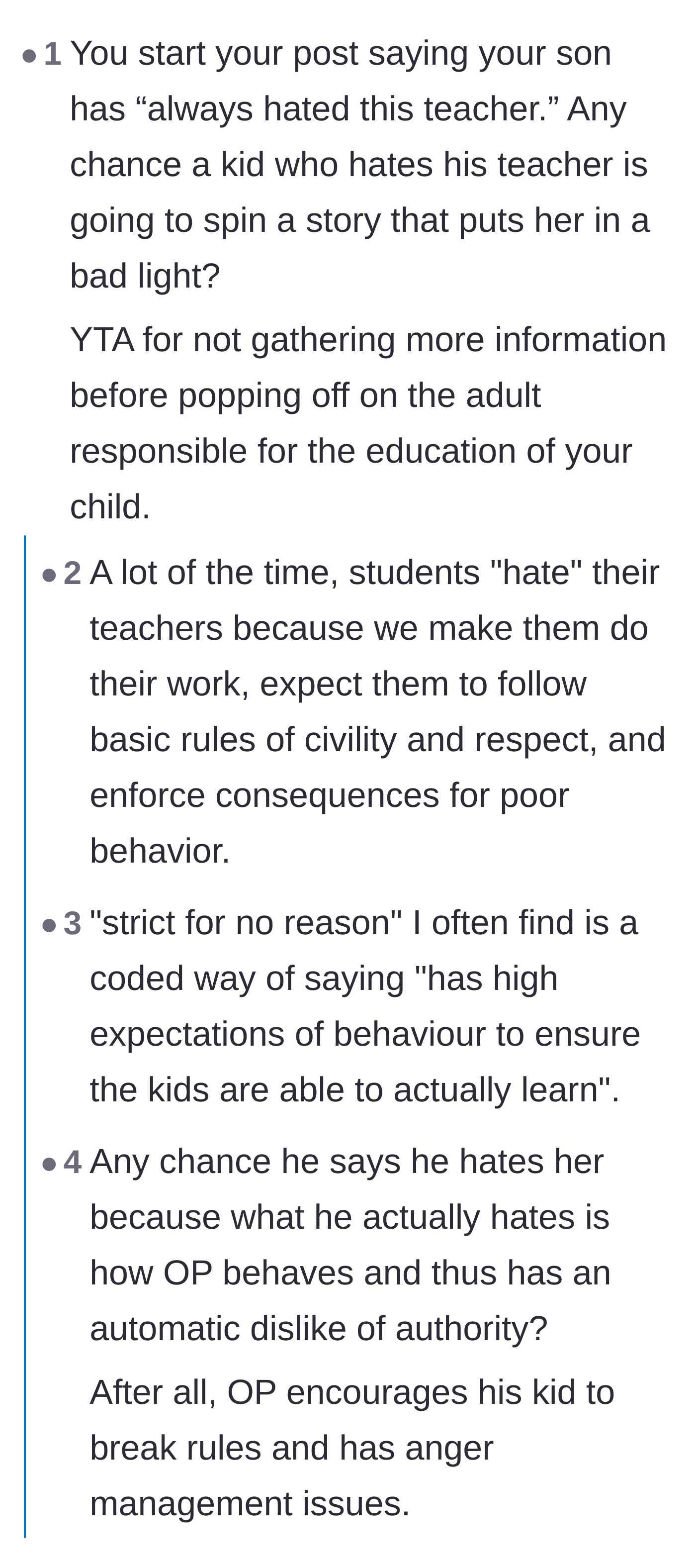 Comment thread 4 - A debate about whether the teacher is actually a bully or just has high expectations for her students.