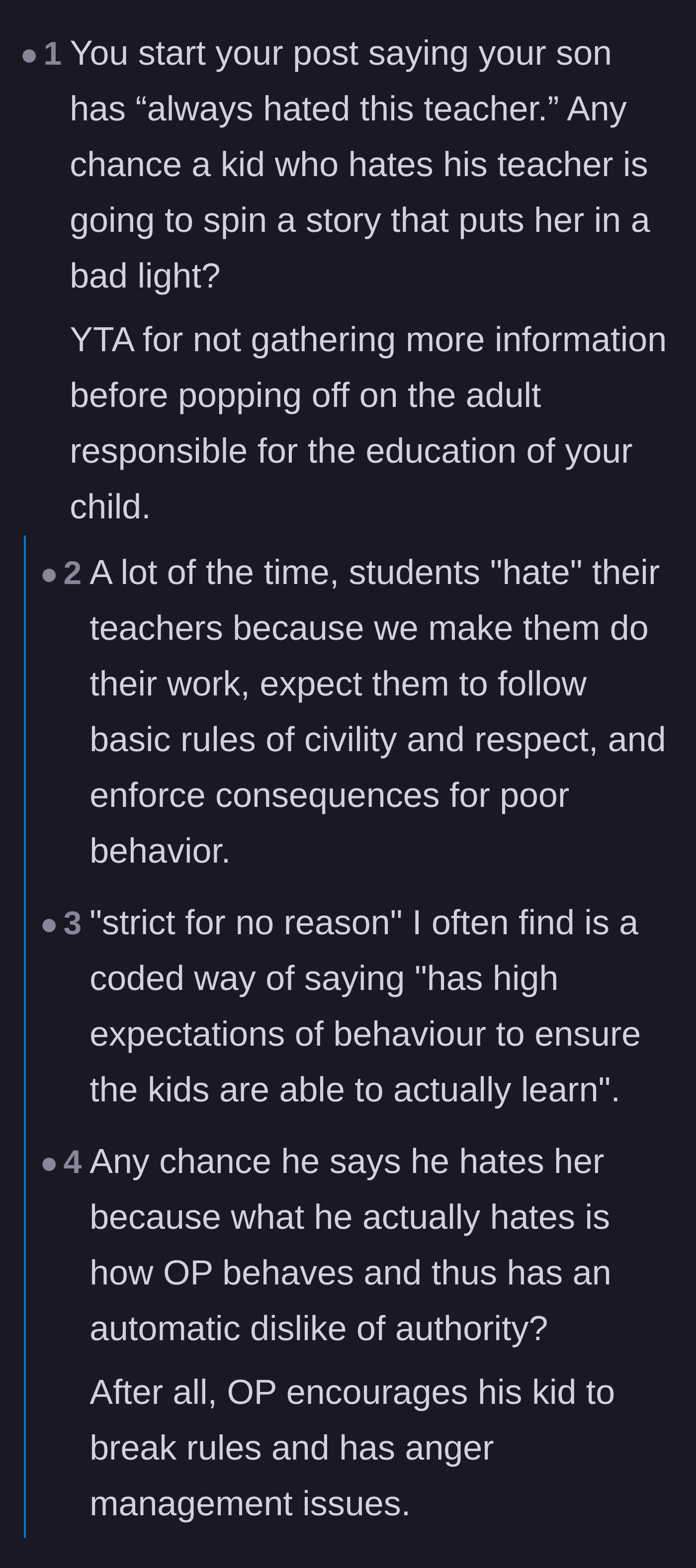 Comment thread 4 - A debate about whether the teacher is actually a bully or just has high expectations for her students.