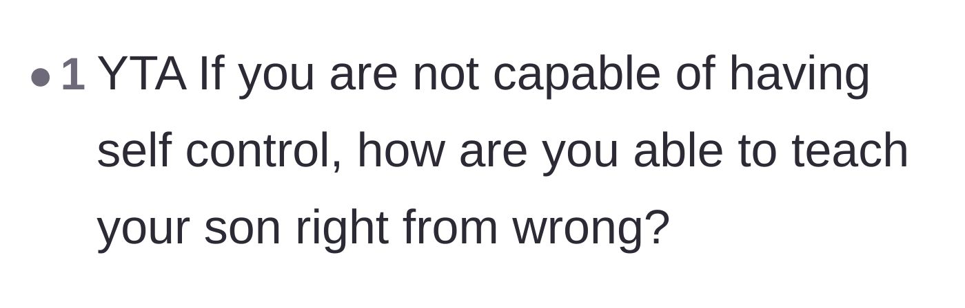 Comment thread 6 - A commenter questioning the father's ability to teach right from wrong if he lacks self-control.