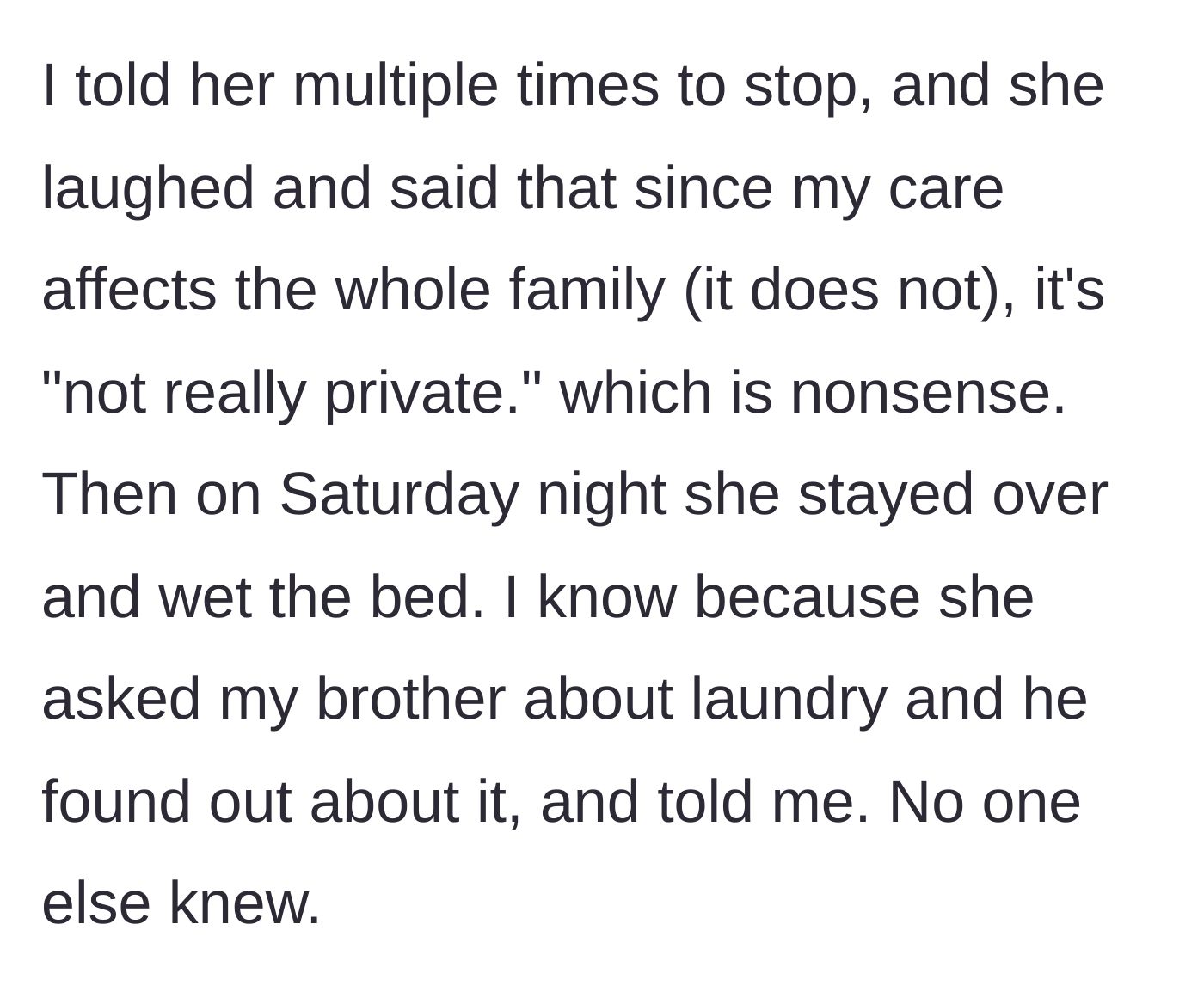 Story part 2 - The aunt dismisses the teen's boundaries, claiming her medical care makes her public property, before accidentally wetting the bed herself.