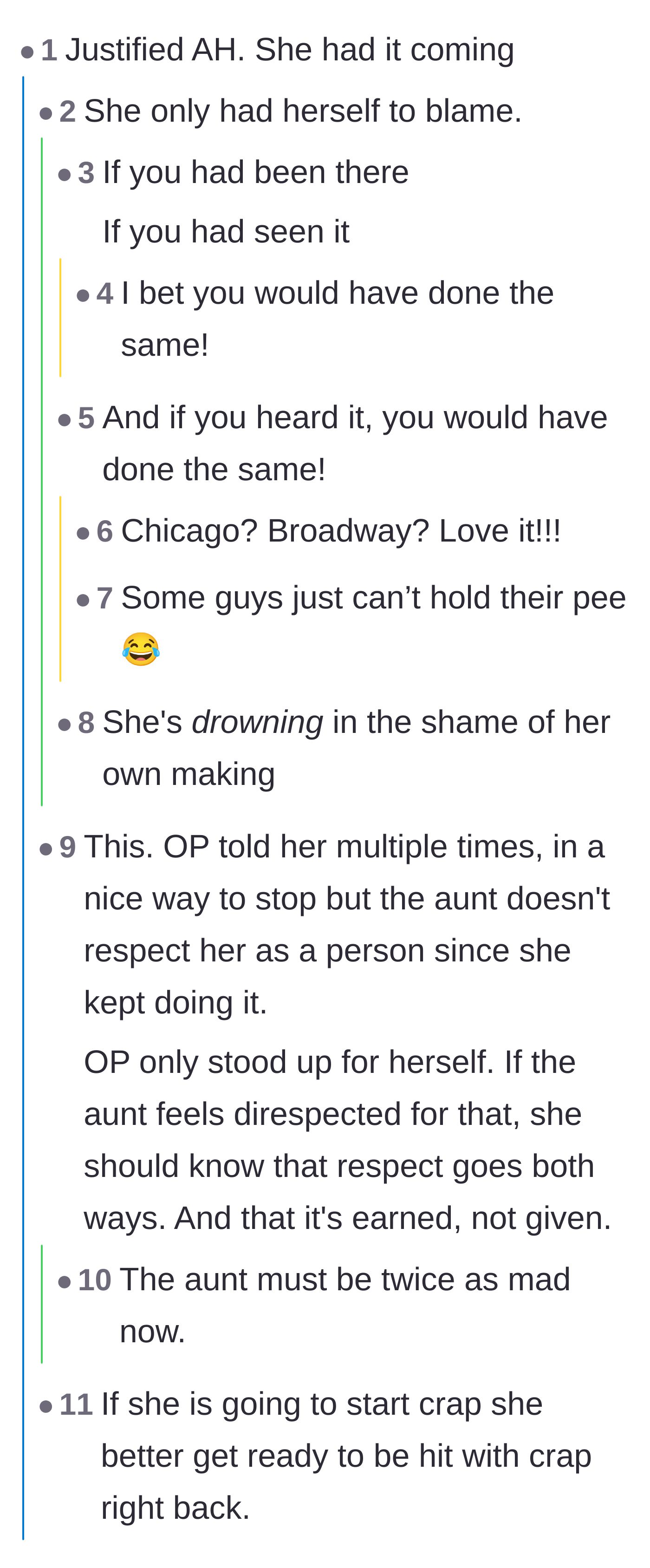 Comment thread 1 - Readers quoting the musical Chicago to agree that the aunt's lack of respect justified the niece's retaliation.