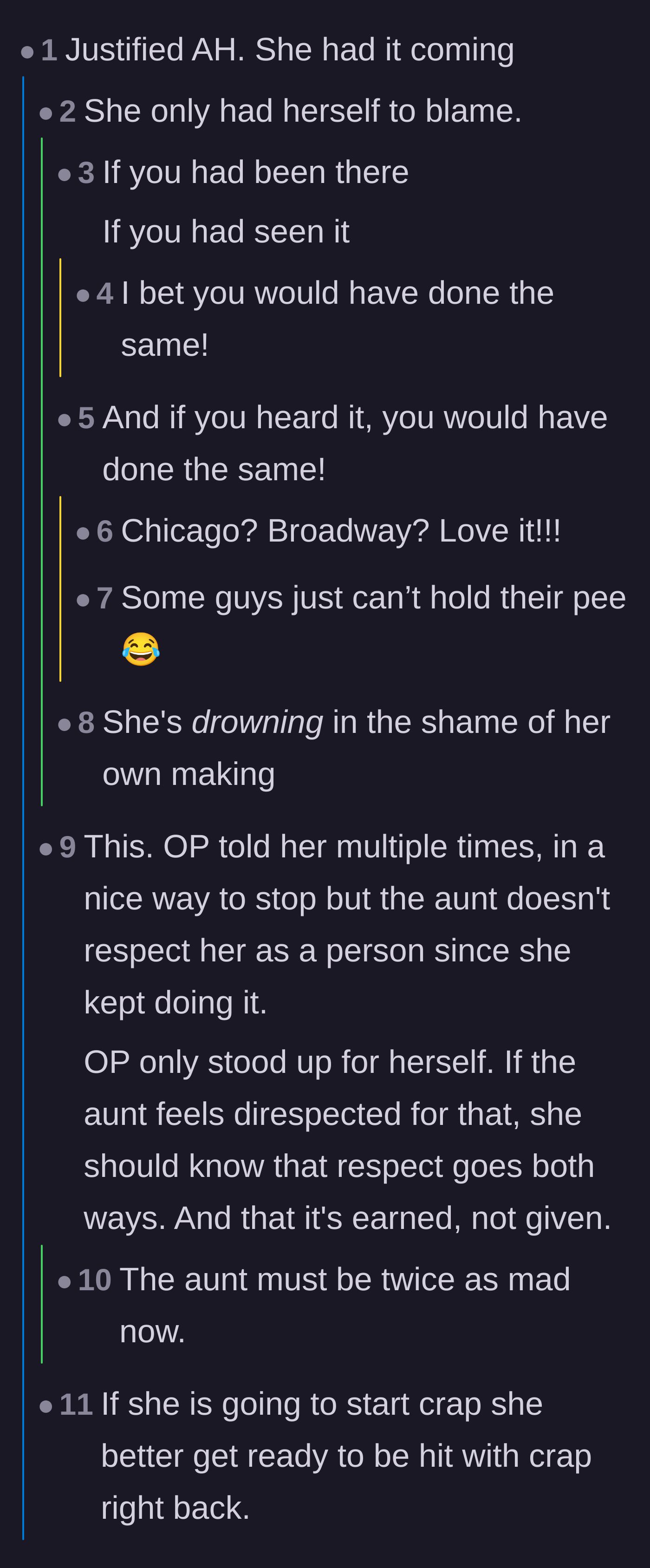 Comment thread 1 - Readers quoting the musical Chicago to agree that the aunt's lack of respect justified the niece's retaliation.