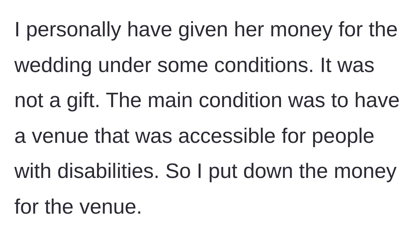 Story part 2 - Parent explains they provided conditional funding for an accessible wedding venue.