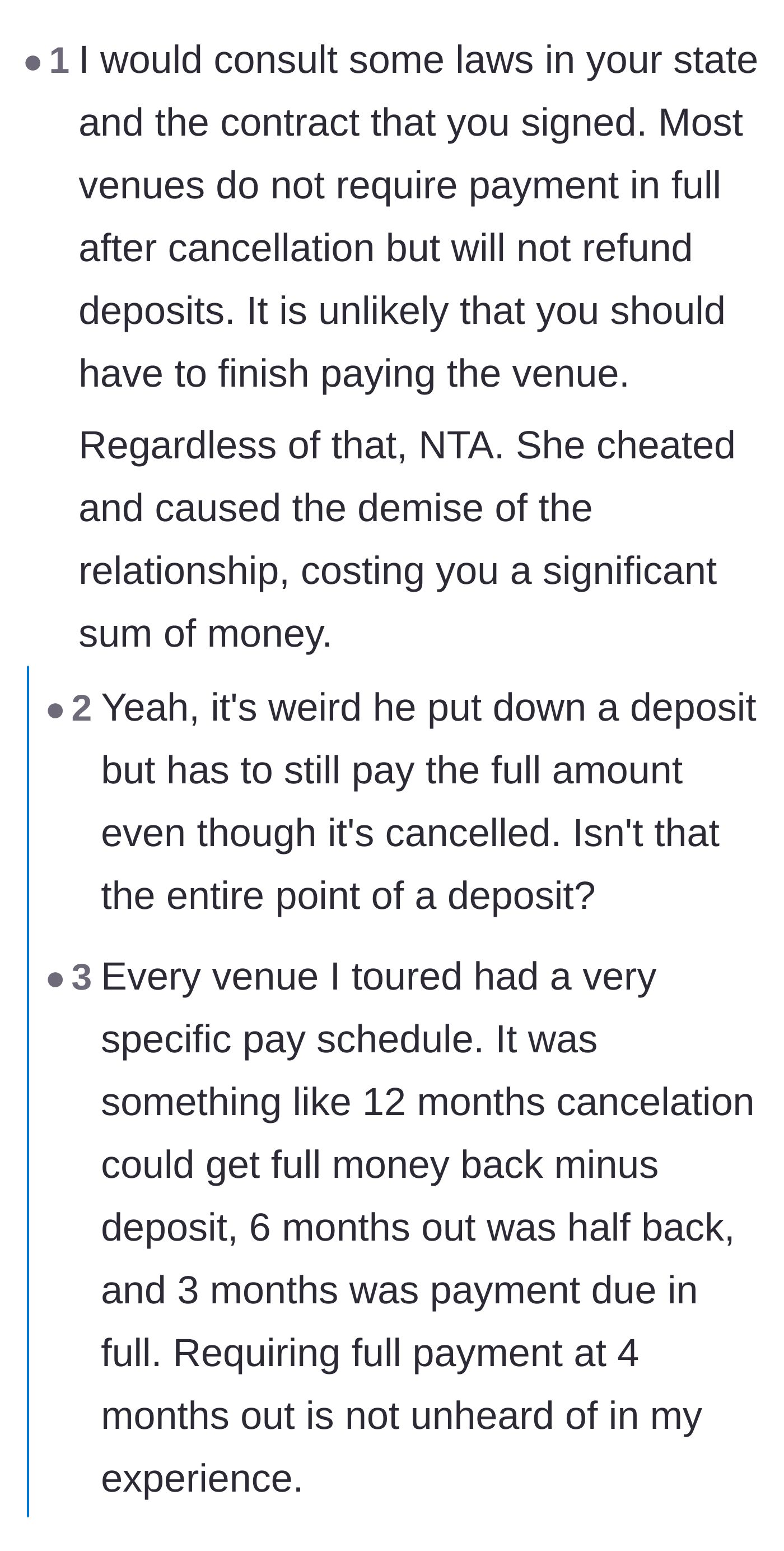 Comment thread 1 - Readers debating the standard cancellation clauses in wedding venue contracts and addressing gender assumptions about the author.