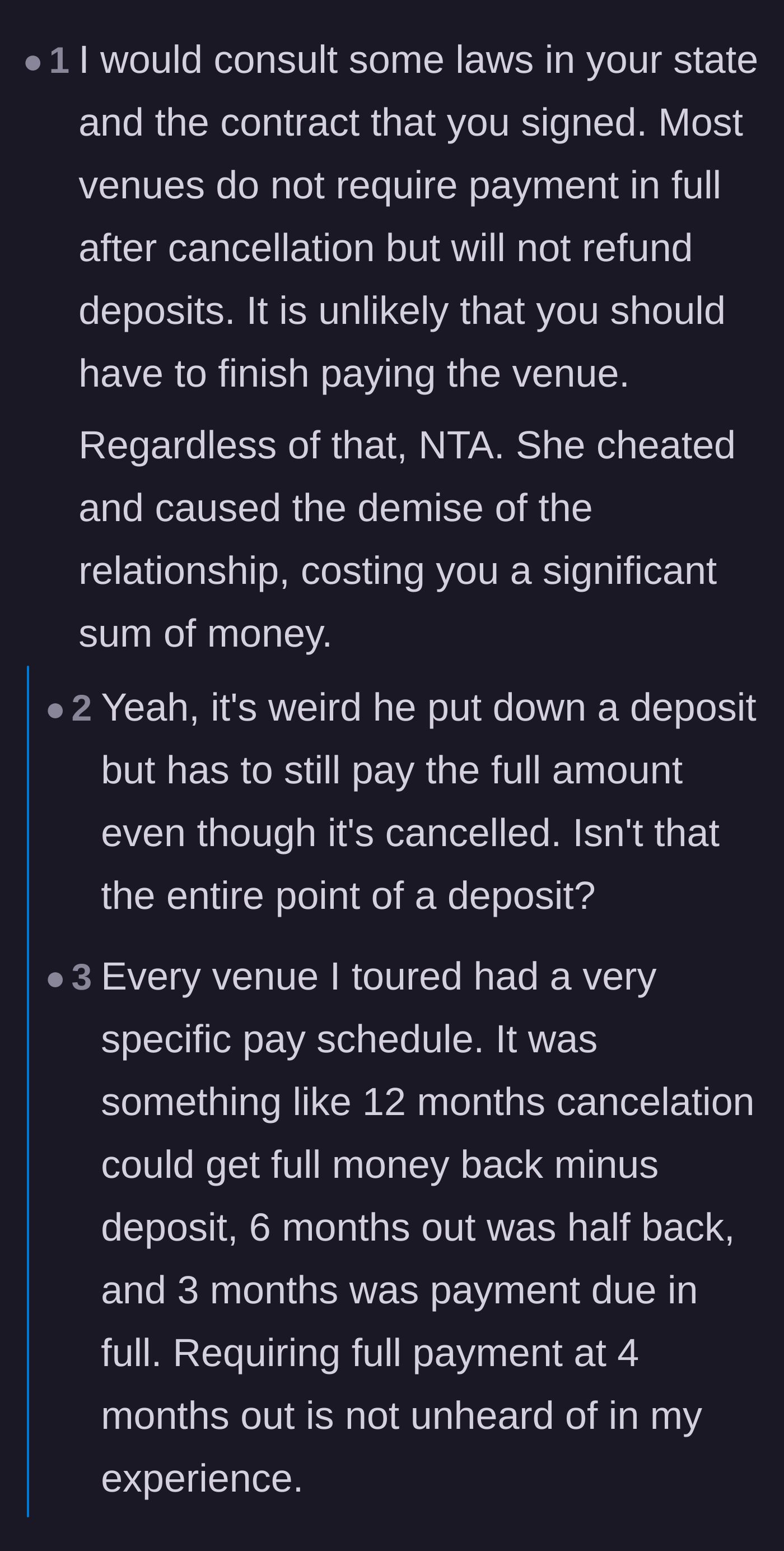 Comment thread 1 - Readers debating the standard cancellation clauses in wedding venue contracts and addressing gender assumptions about the author.