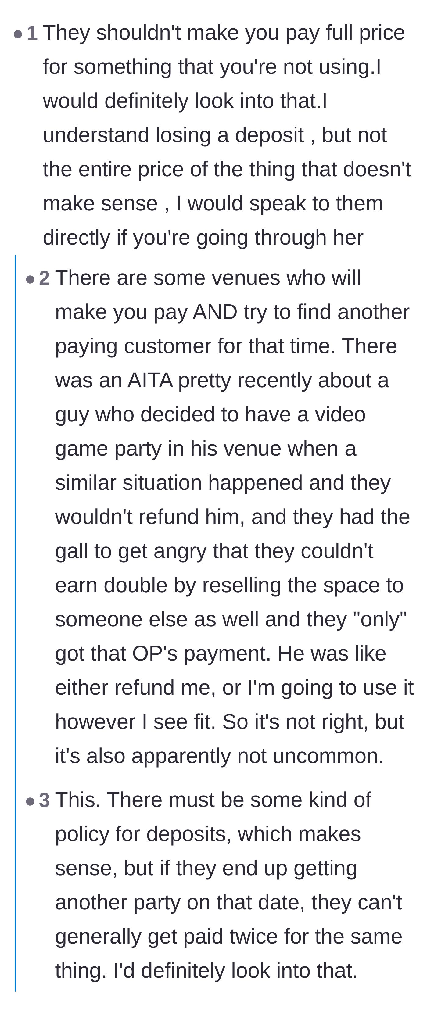 Comment thread 2 - Discussion on whether the venue is legally allowed to double-book and charge twice for the canceled date.