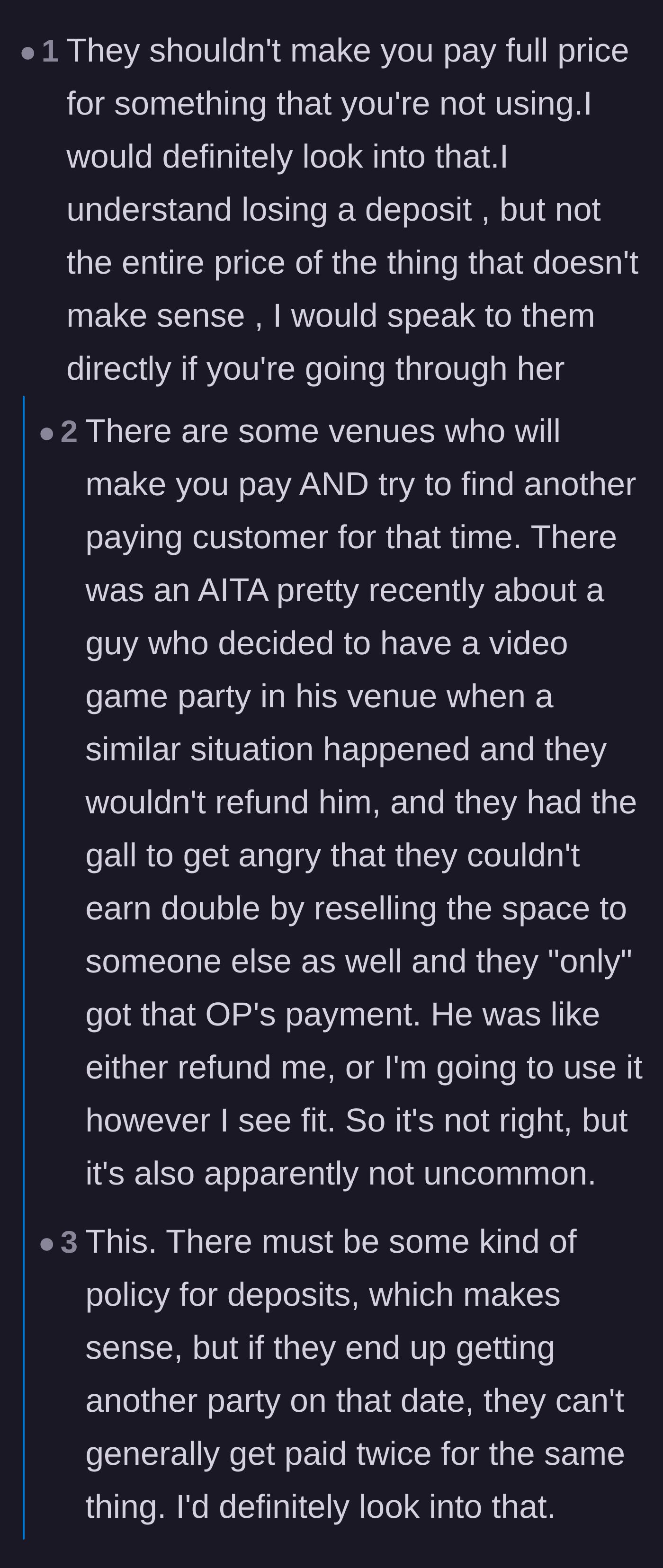 Comment thread 2 - Discussion on whether the venue is legally allowed to double-book and charge twice for the canceled date.