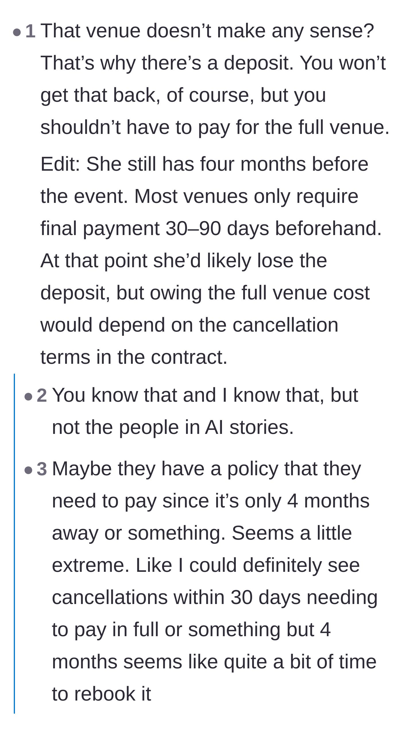 Comment thread 3 - Skepticism regarding the strict four-month full payment policy and debates over the story's authenticity.