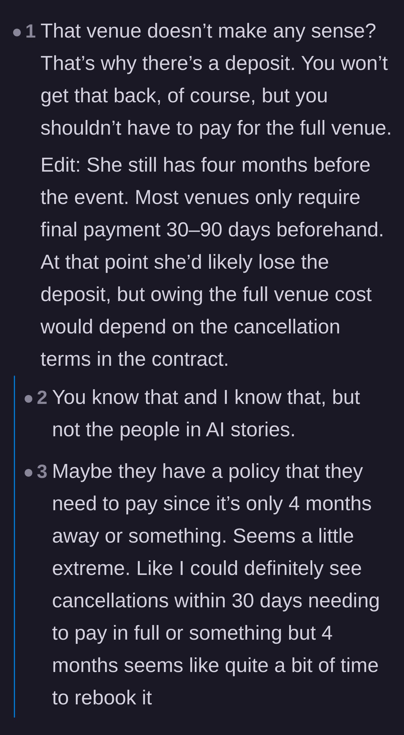 Comment thread 3 - Skepticism regarding the strict four-month full payment policy and debates over the story's authenticity.