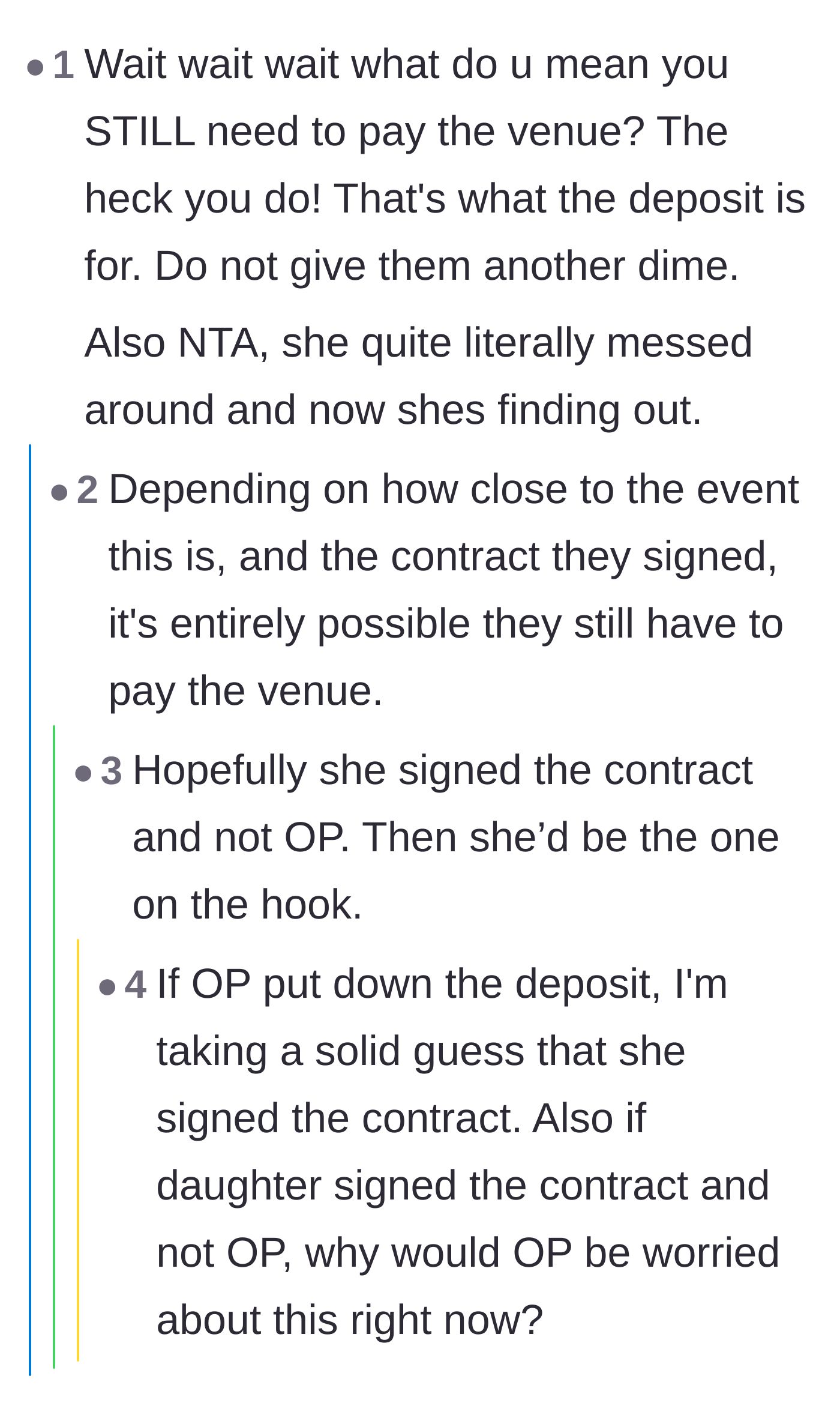 Comment thread 5 - Outrage over the venue demanding full payment and agreement that the daughter is facing the consequences of her own actions.