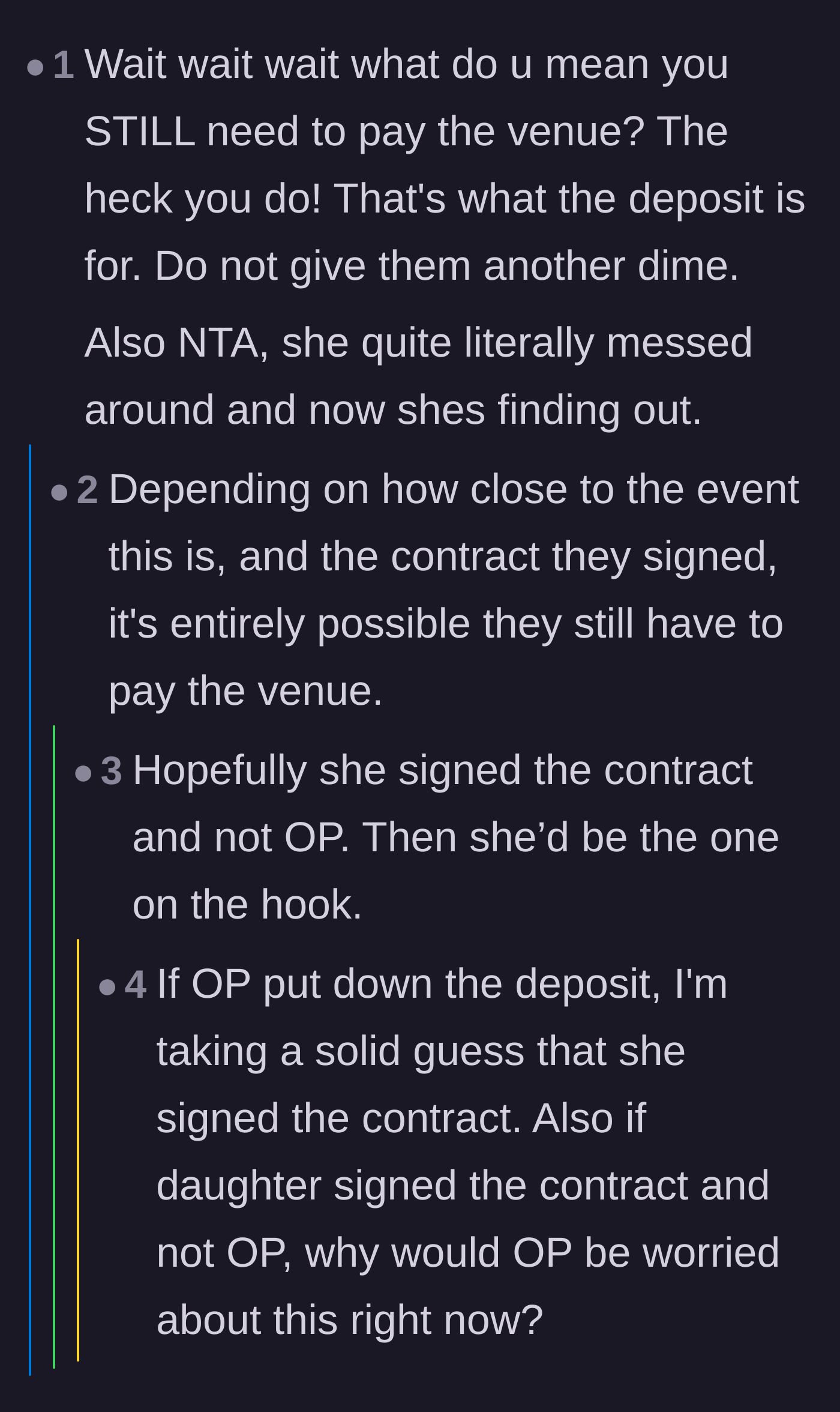 Comment thread 5 - Outrage over the venue demanding full payment and agreement that the daughter is facing the consequences of her own actions.
