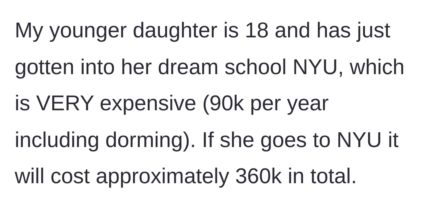 Story part 2 - The younger daughter's projected costs for attending a highly expensive private university in New York.