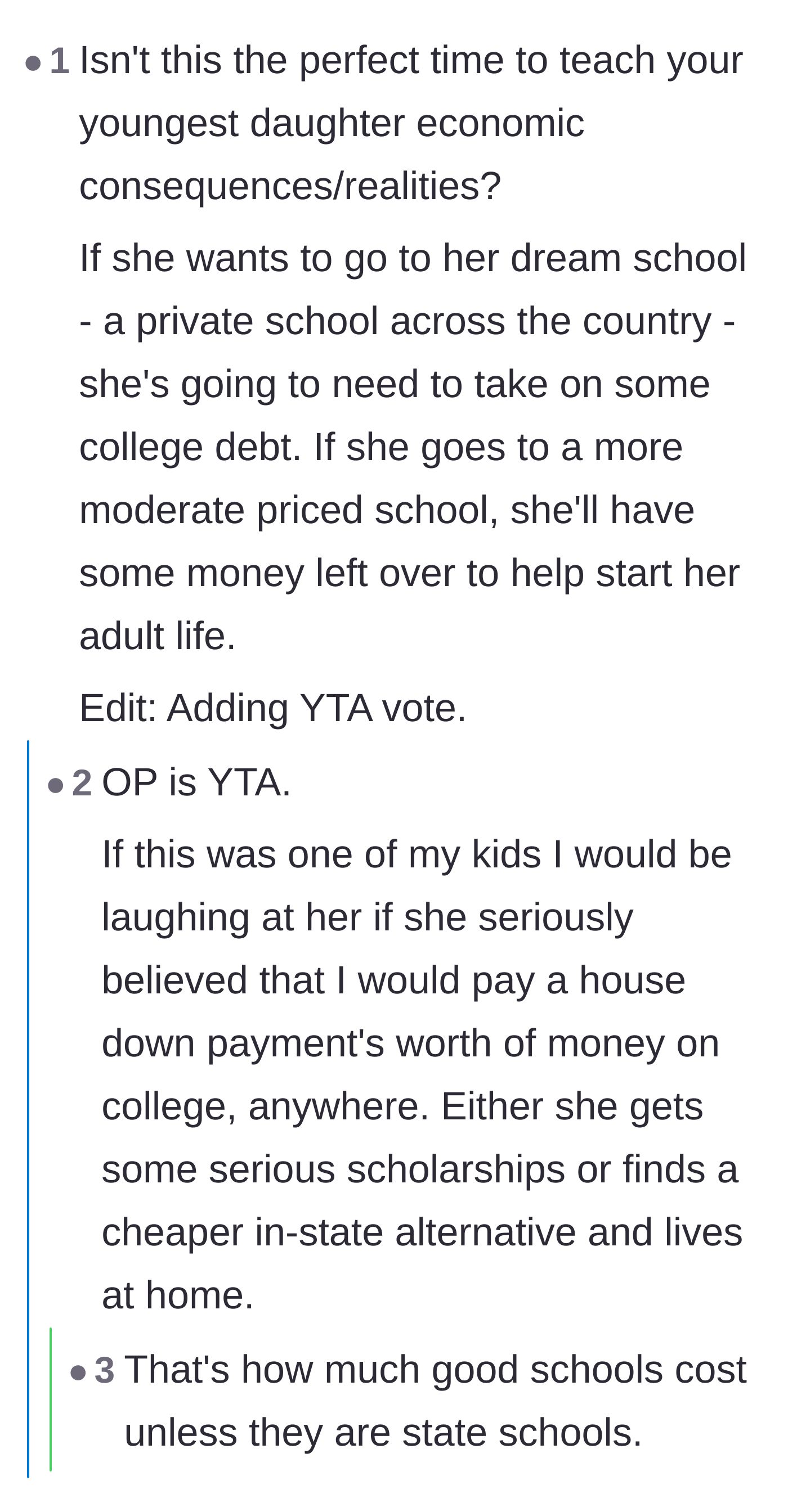 Comment thread 1 - A debate about teaching the youngest daughter economic realities by making her take on debt for her expensive dream school.