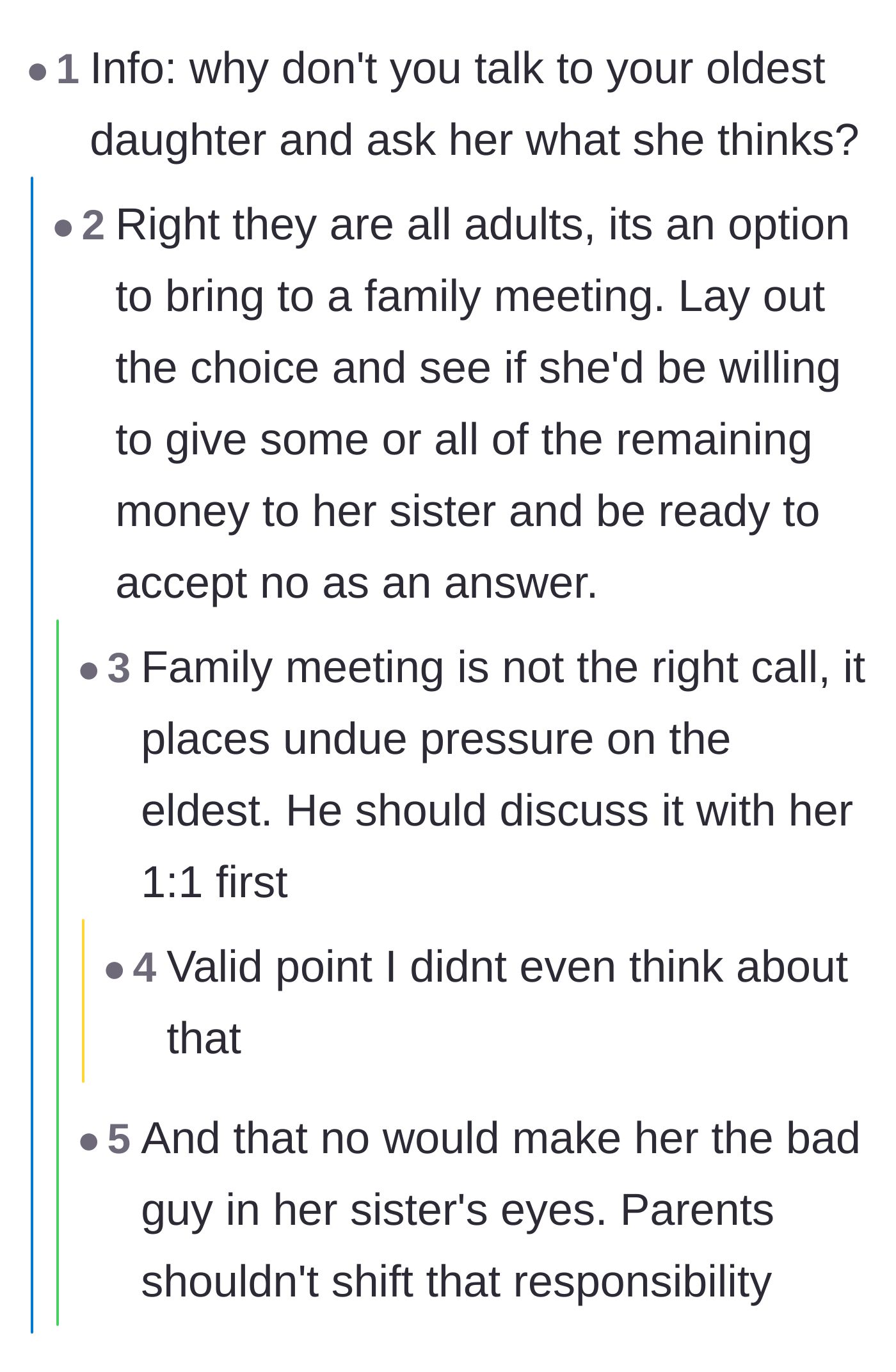 Comment thread 5 - Advice on asking the oldest daughter for her blessing 1-on-1, and the risk of making her look like the bad guy to her sister.
