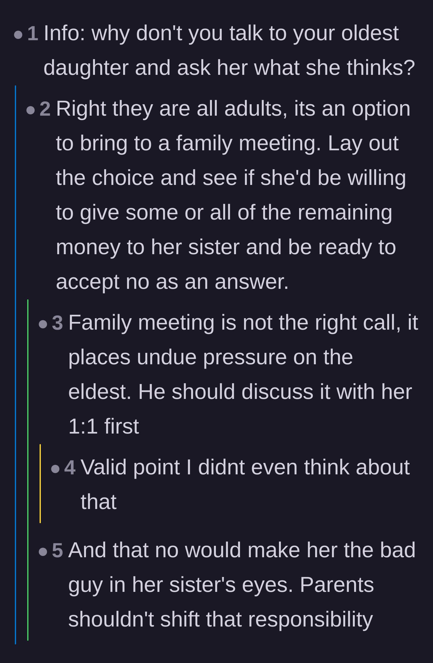 Comment thread 5 - Advice on asking the oldest daughter for her blessing 1-on-1, and the risk of making her look like the bad guy to her sister.