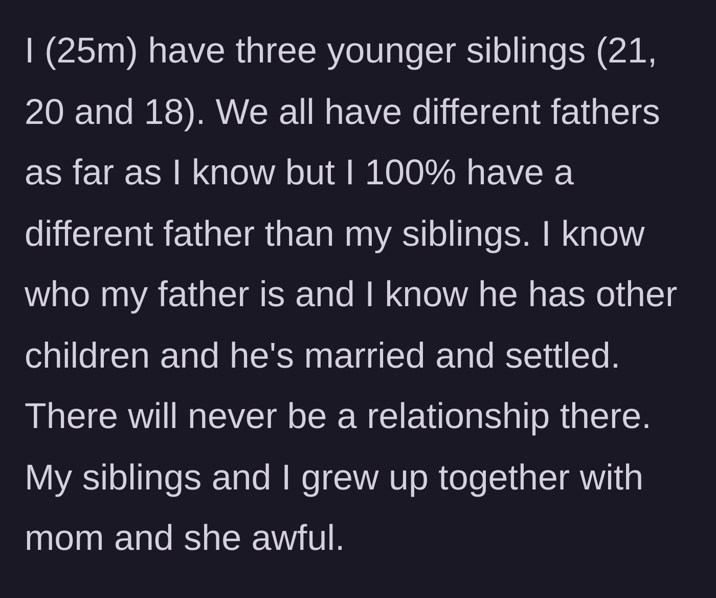 Story part 1 - The main character introduces his complex family dynamic, noting his three younger siblings, absent fathers, and their difficult shared upbringing with a cruel mother.