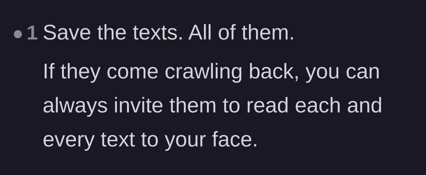 Comment thread 2 - A suggestion to save all the cruel texts for when the siblings eventually return asking for help.