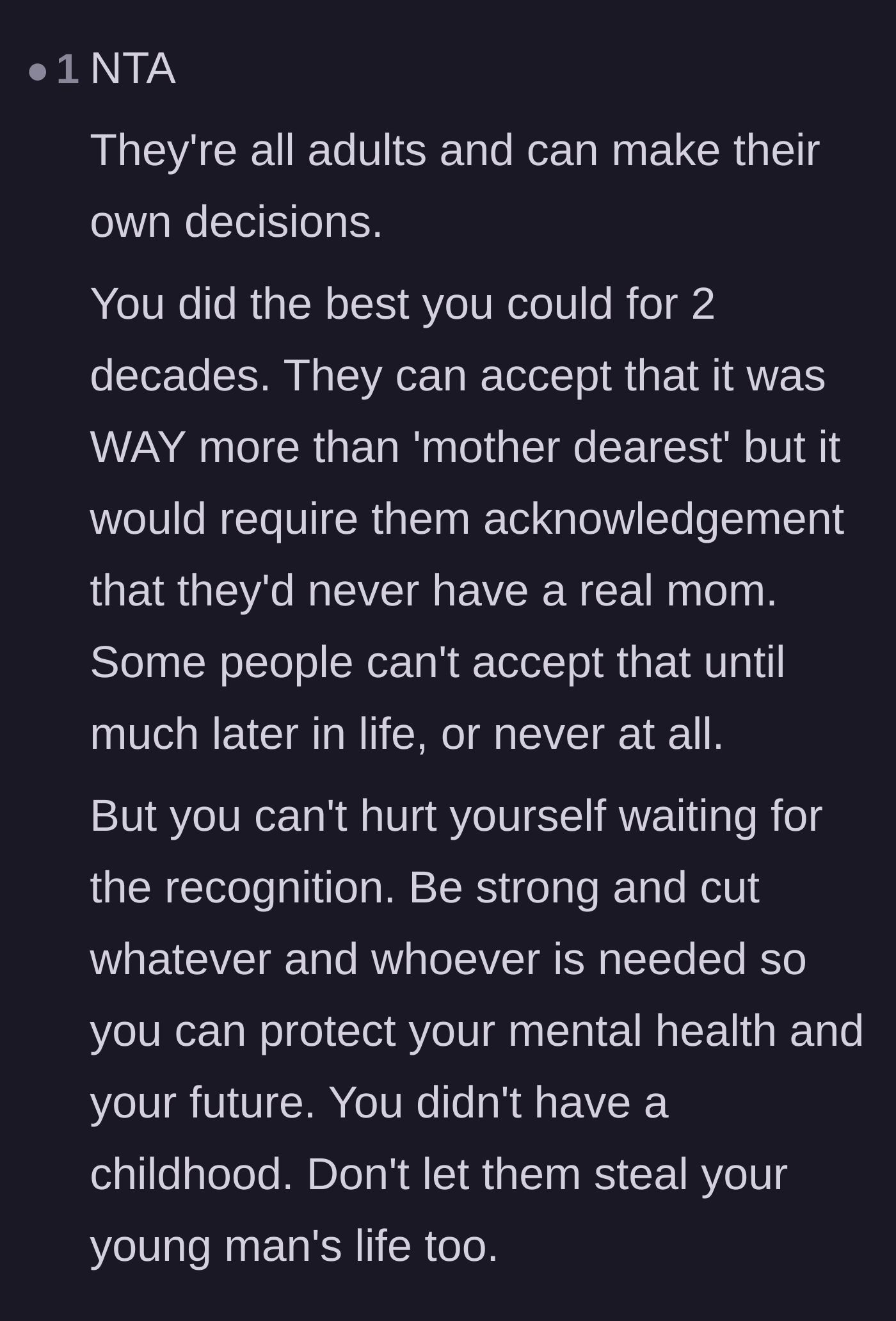 Comment thread 3 - Insight into why the younger siblings are clinging to the fantasy of a loving mother instead of accepting reality.