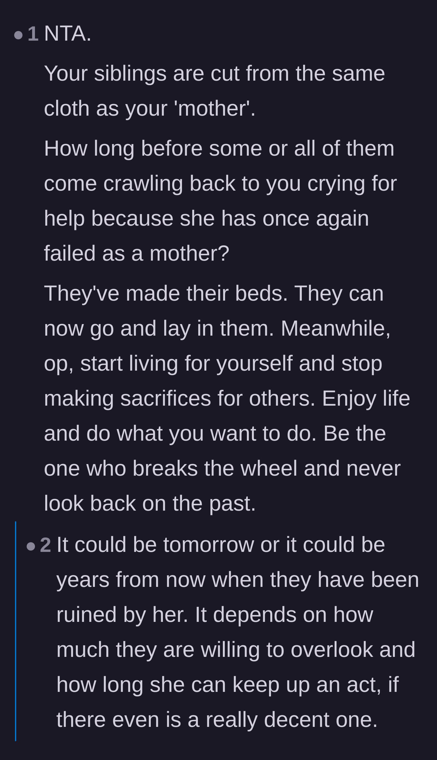 Comment thread 4 - A discussion predicting how the siblings will eventually face the consequences of repeating their mother's toxic behavior.