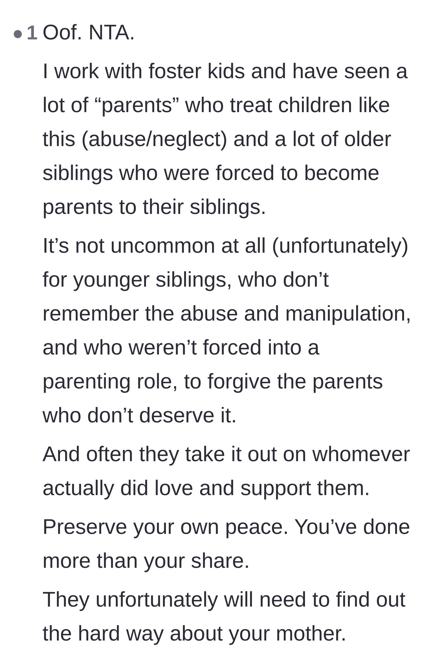 Comment thread 5 - A foster care professional explaining how common it is for younger siblings to turn on their parentified caretakers.