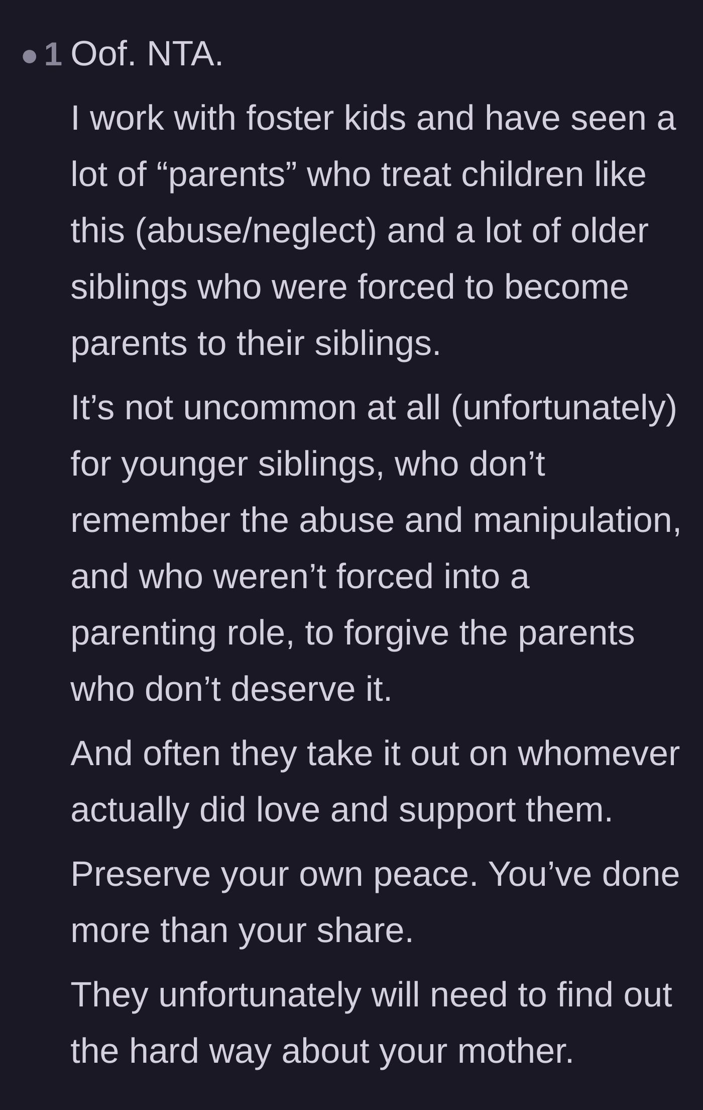Comment thread 5 - A foster care professional explaining how common it is for younger siblings to turn on their parentified caretakers.