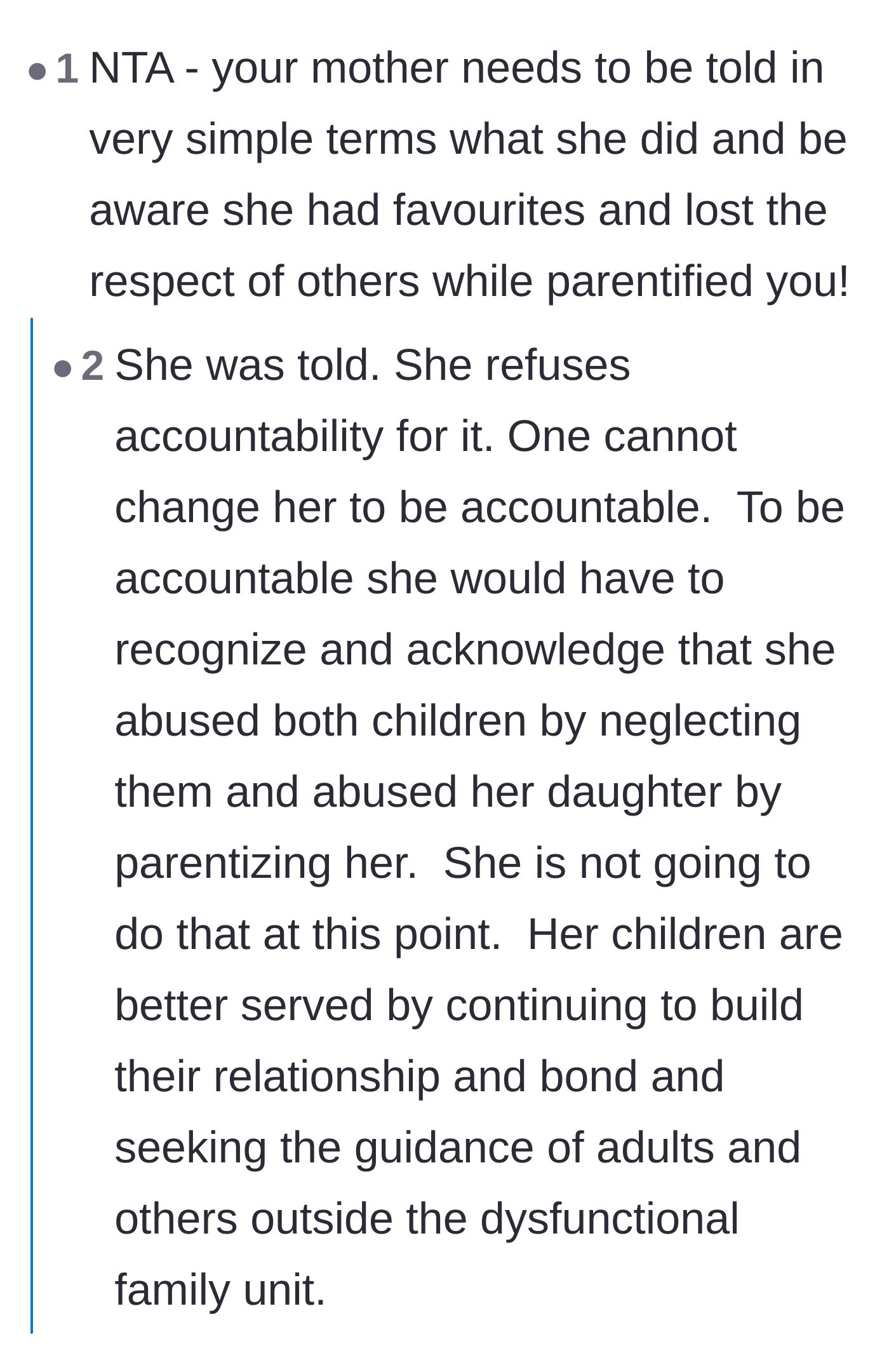 Comment thread 1 - A discussion about the mother's absolute refusal to take accountability for parentifying her daughter.