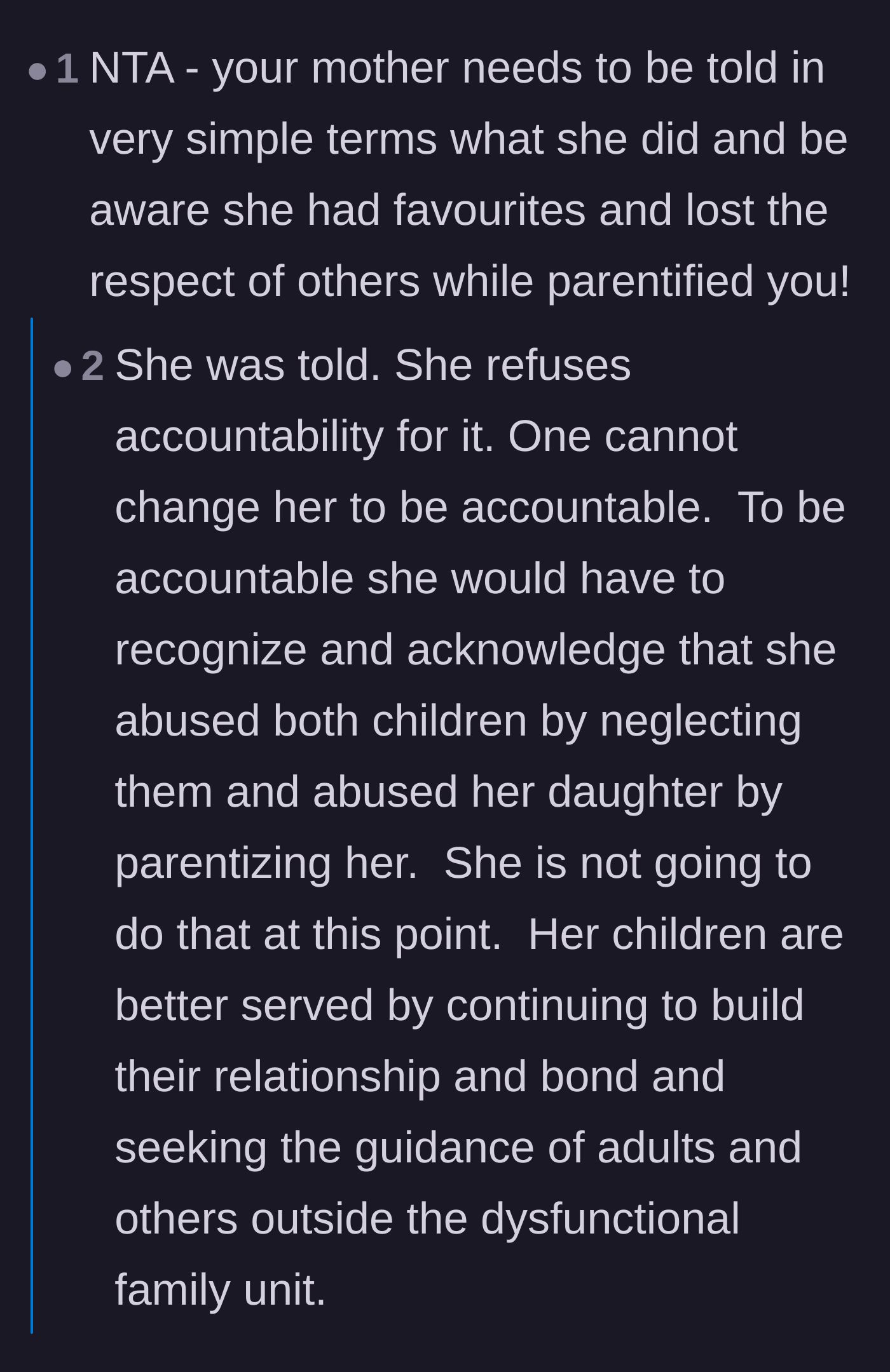 Comment thread 1 - A discussion about the mother's absolute refusal to take accountability for parentifying her daughter.