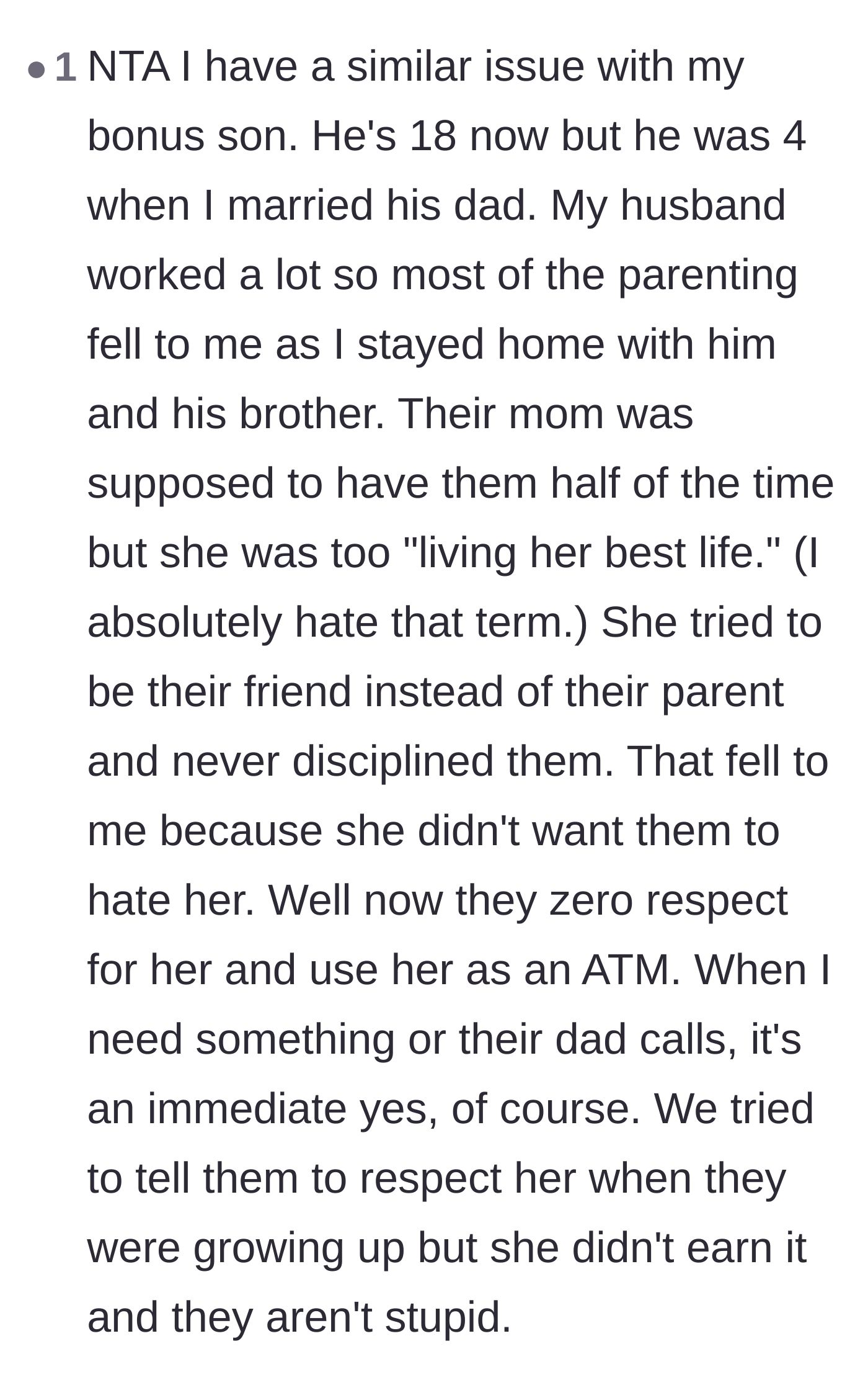 Comment thread 6 - A stepmother sharing a deeply relatable story about an absent biological mother demanding unearned respect from her sons.