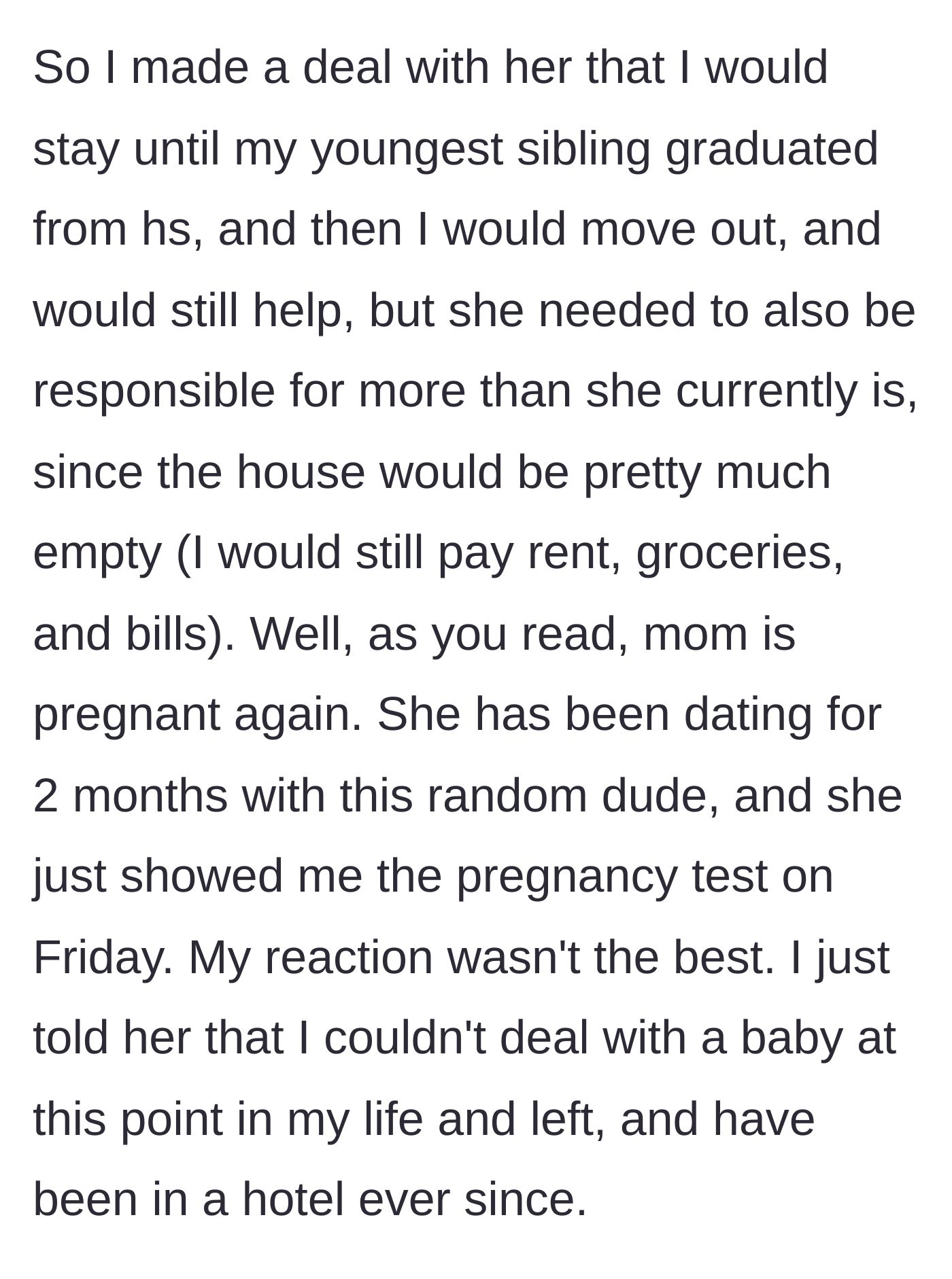 Story part 4 - The daughter makes a deal to leave after the youngest graduates, but flees to a hotel when her mother reveals she is pregnant by a new, two-month boyfriend.