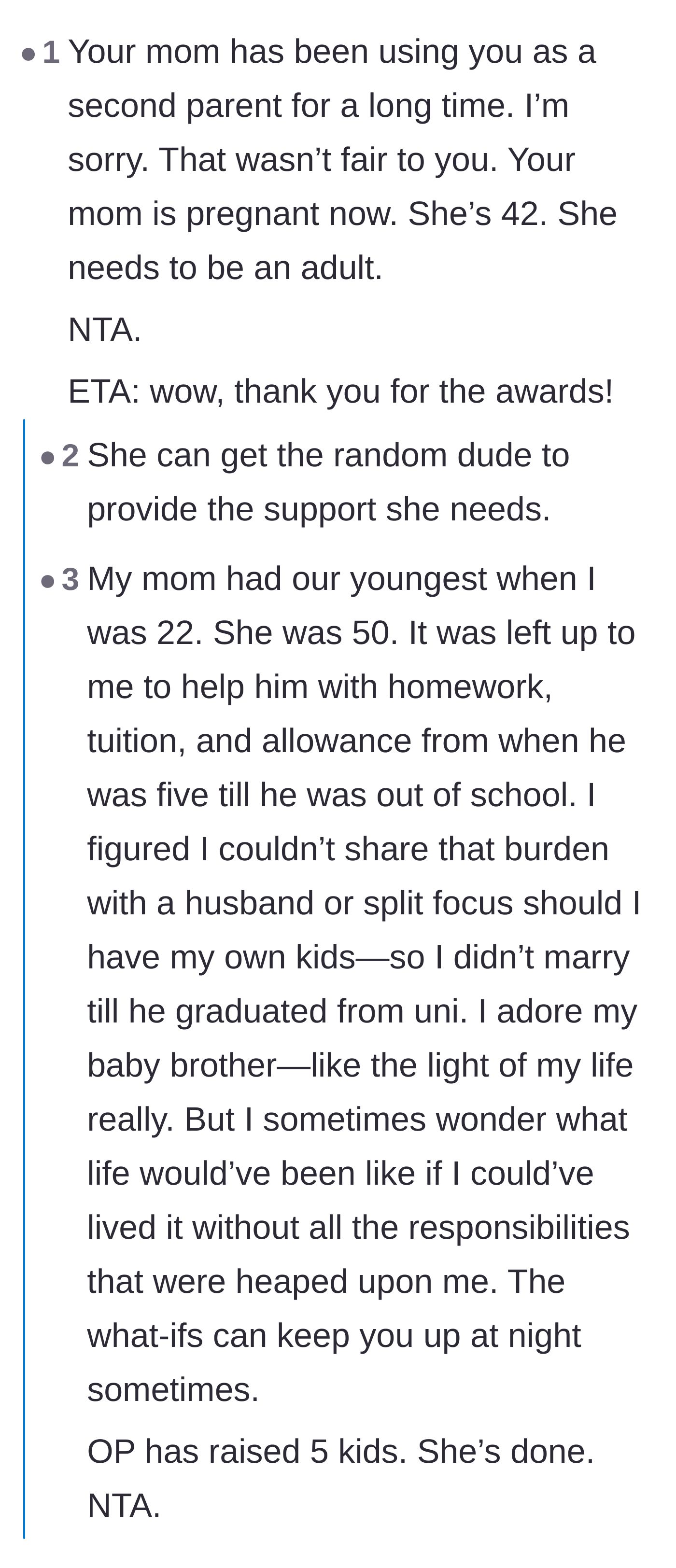 Comment thread 1 - Readers sharing personal stories about the lifelong trauma of being forced to raise siblings.