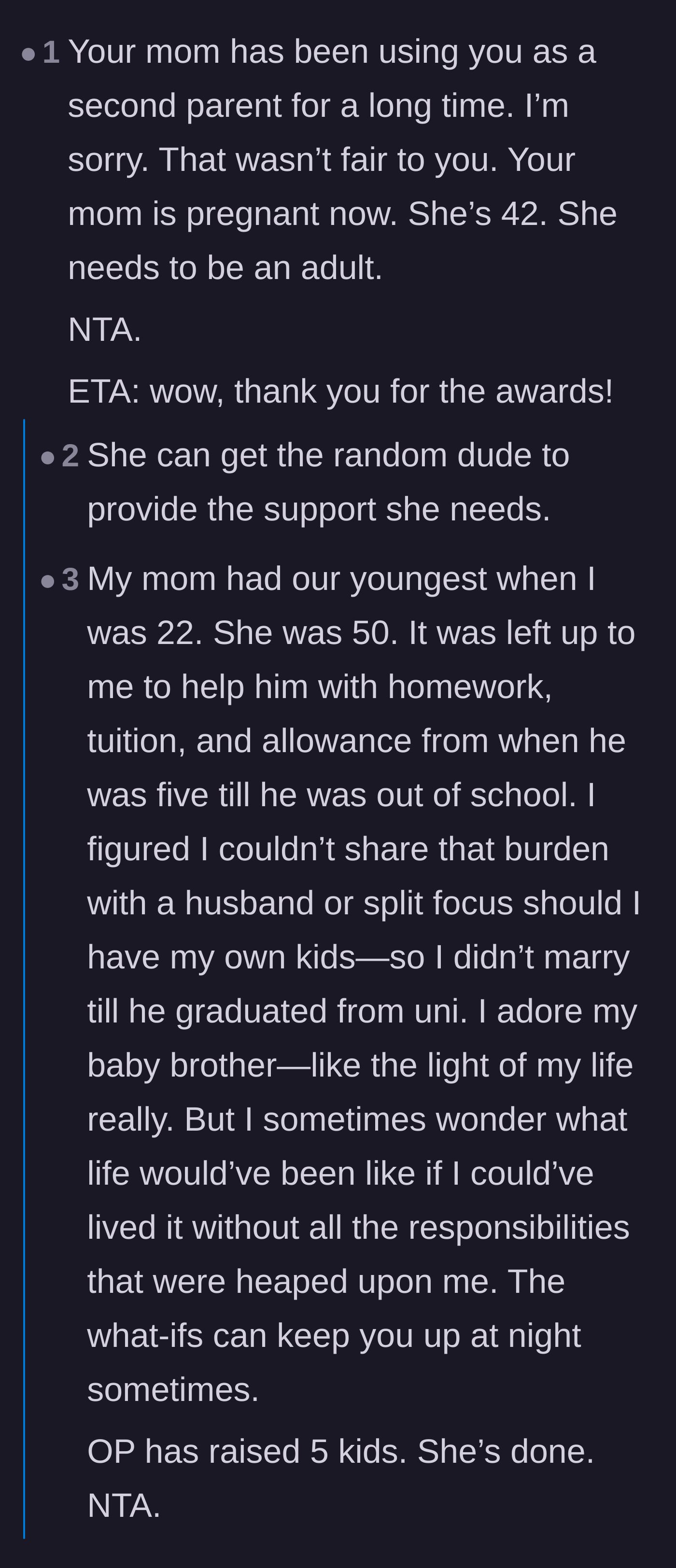 Comment thread 1 - Readers sharing personal stories about the lifelong trauma of being forced to raise siblings.