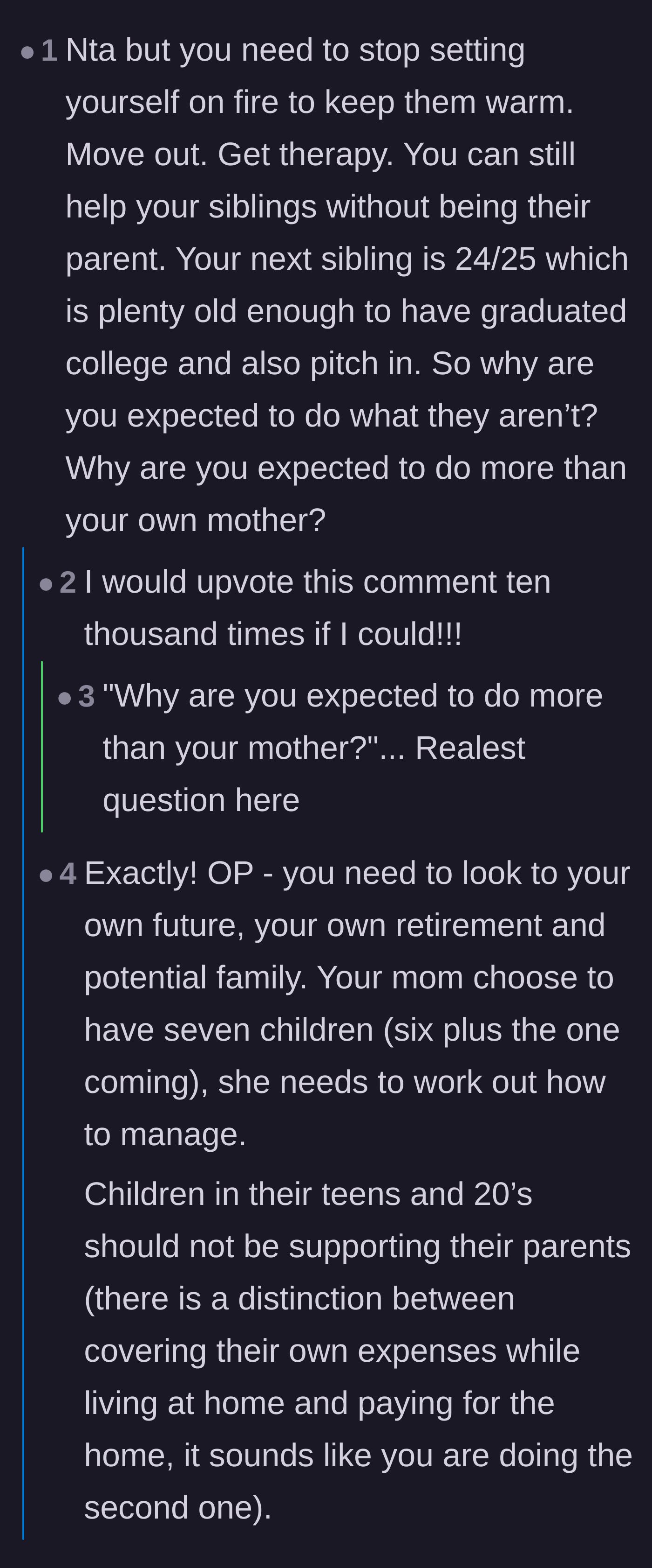 Comment thread 2 - Advice urging the daughter to stop destroying her own life to cover for her mother's failures.