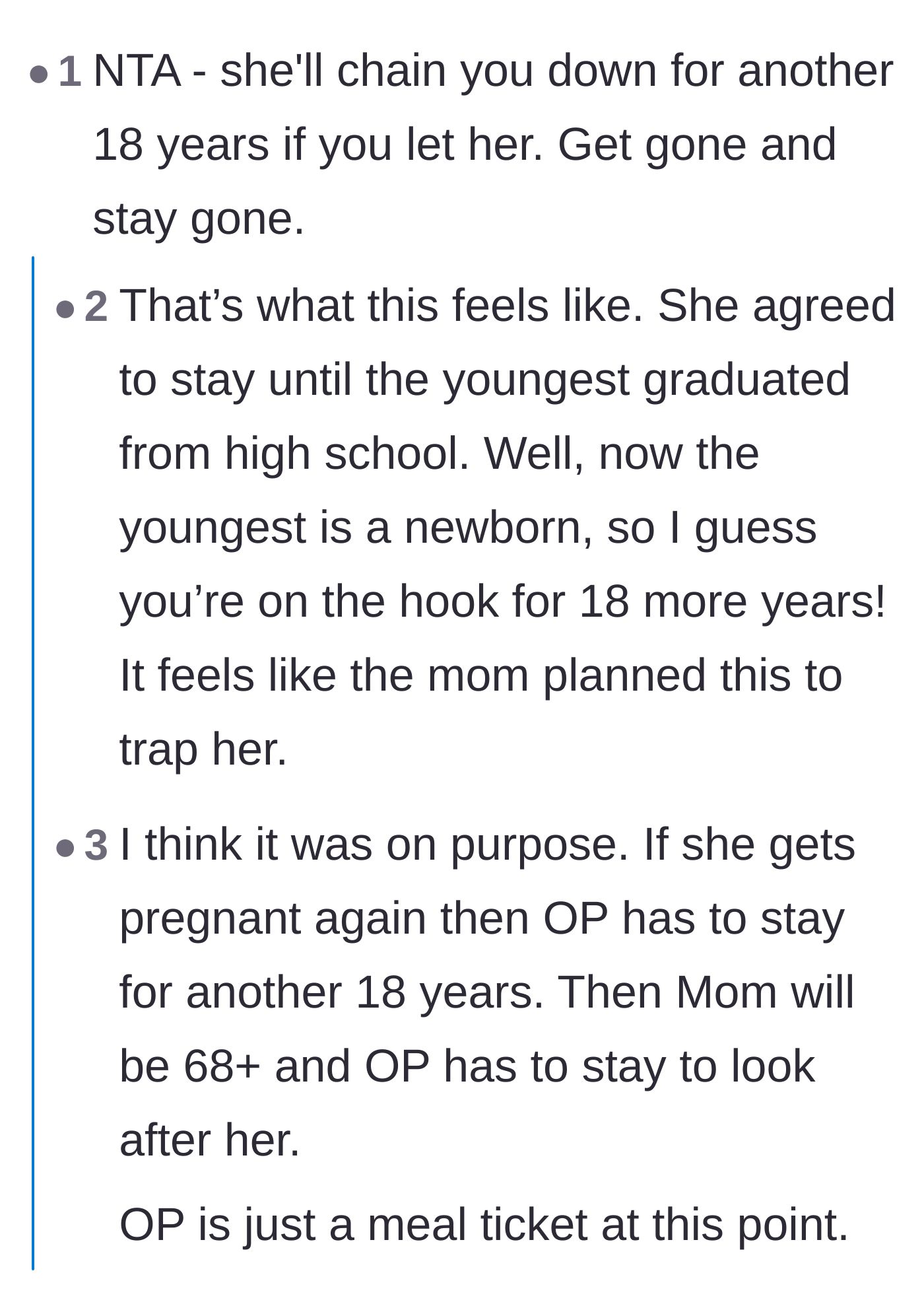 Comment thread 4 - Speculation that the mother got pregnant on purpose to trap the daughter for another eighteen years.