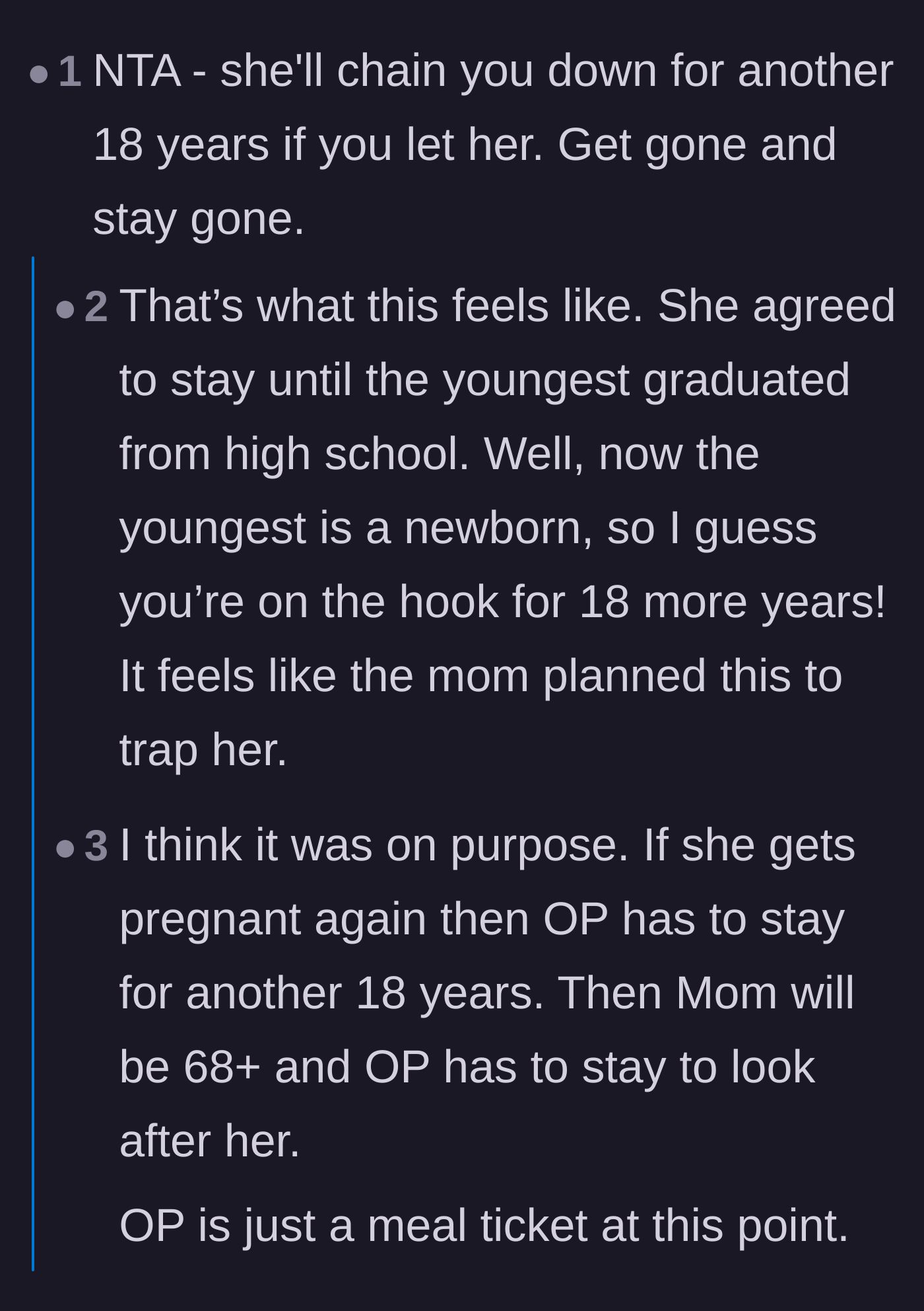 Comment thread 4 - Speculation that the mother got pregnant on purpose to trap the daughter for another eighteen years.