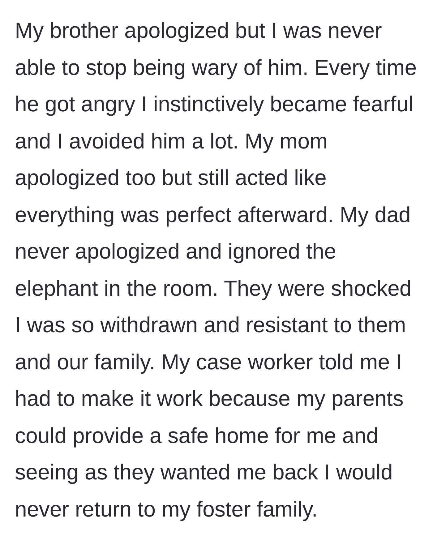 Story part 6 - The younger son remains fearful and withdrawn at home, while his father refuses to apologize and a caseworker forces the boy to endure the situation.