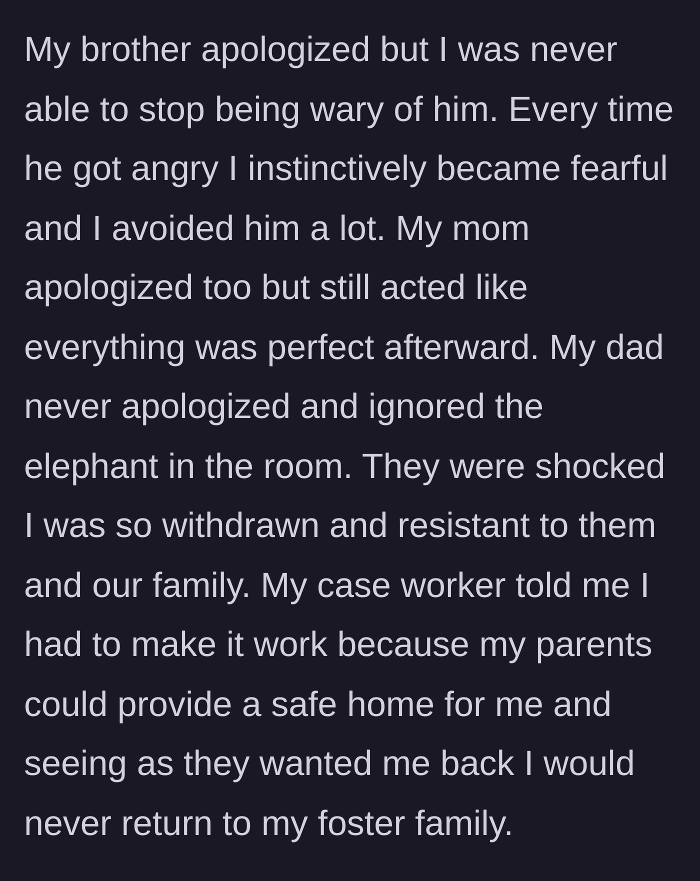 Story part 6 - The younger son remains fearful and withdrawn at home, while his father refuses to apologize and a caseworker forces the boy to endure the situation.