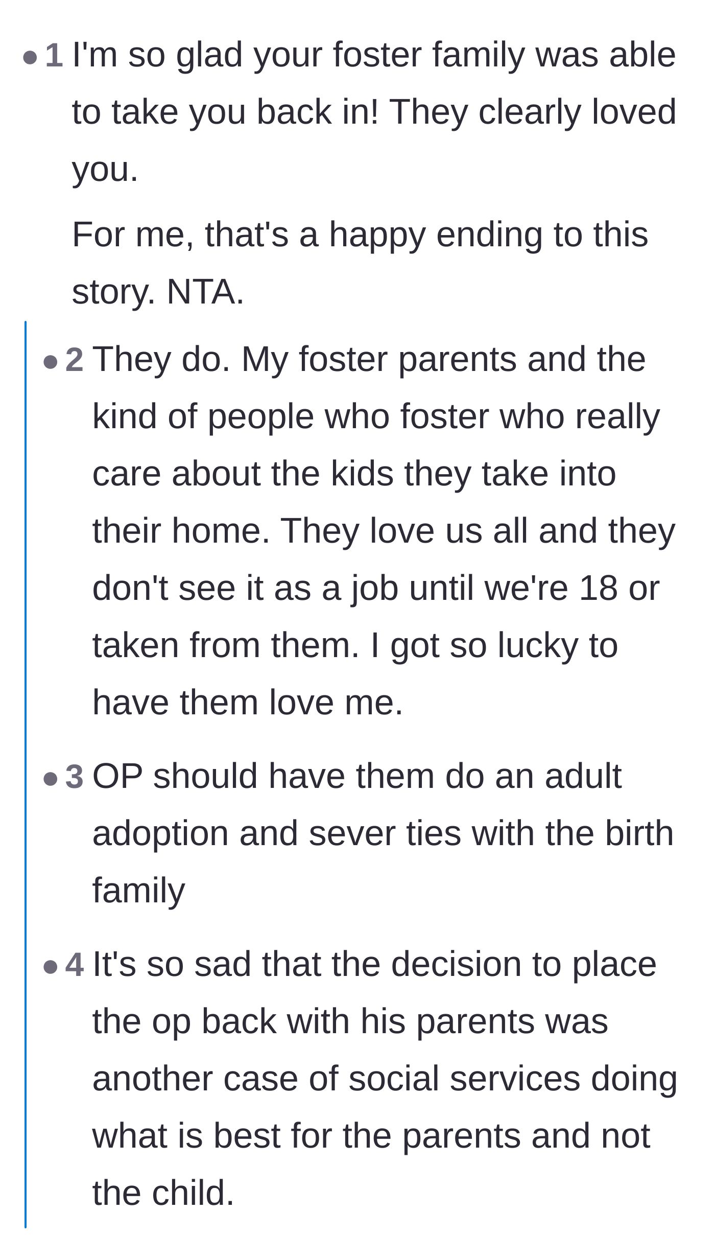 Comment thread 1 - Readers discussing the systemic failures of child welfare and suggesting the author pursue an adult adoption with his foster parents.