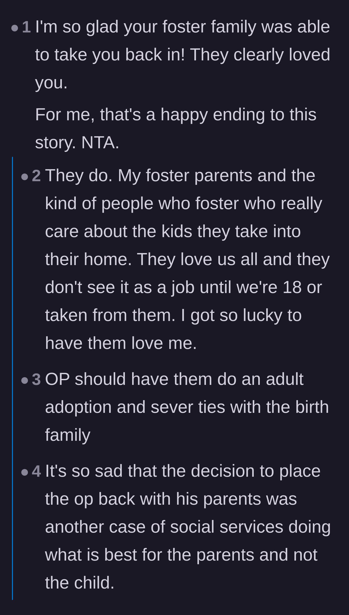 Comment thread 1 - Readers discussing the systemic failures of child welfare and suggesting the author pursue an adult adoption with his foster parents.