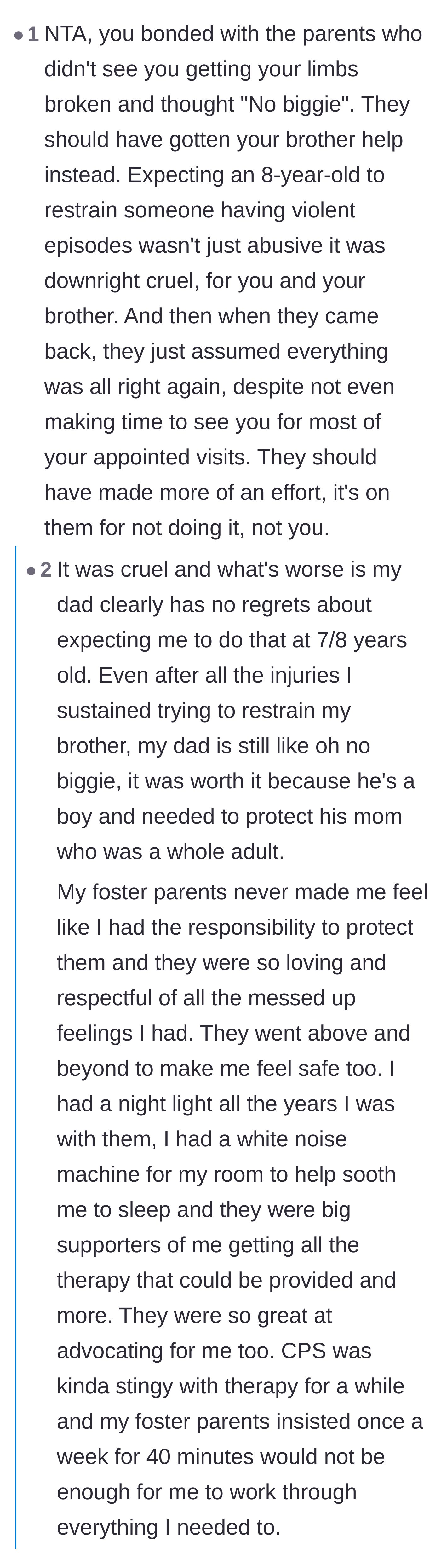 Comment thread 2 - A conversation highlighting the cruelty of forced parentification and the beautiful contrast of the foster parents' protective care.