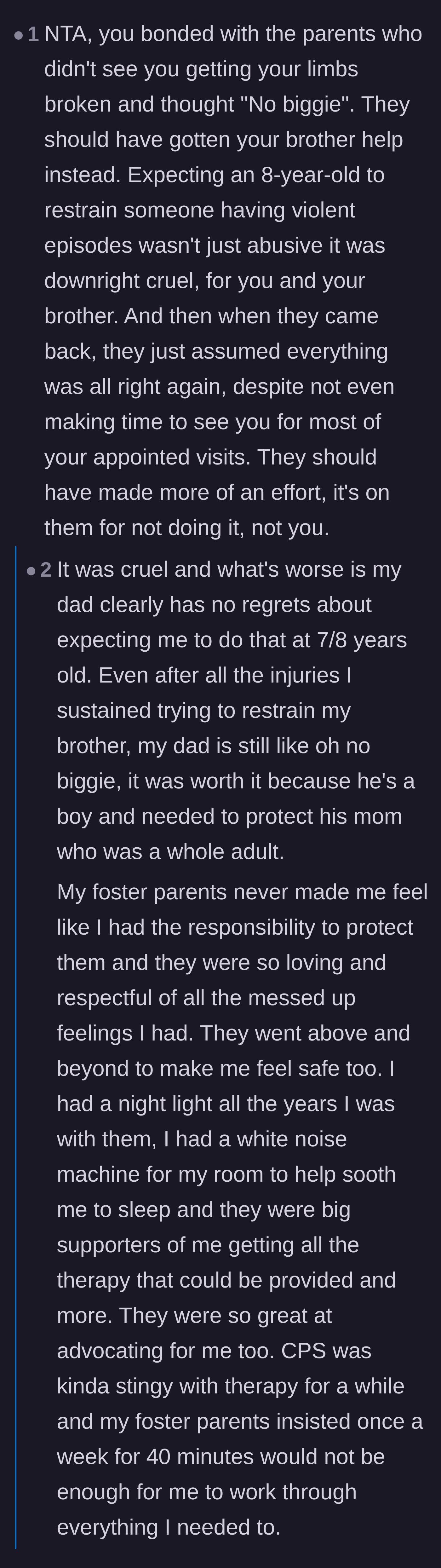 Comment thread 2 - A conversation highlighting the cruelty of forced parentification and the beautiful contrast of the foster parents' protective care.