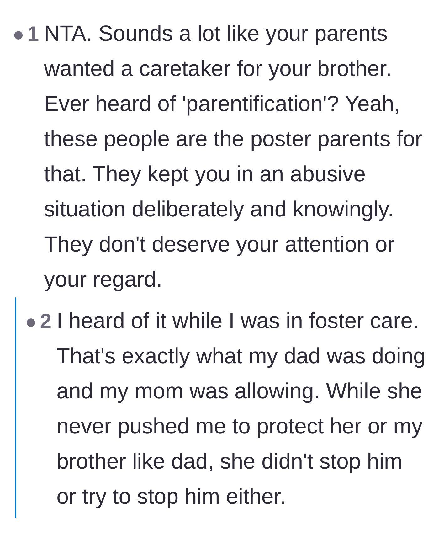 Comment thread 3 - Commenters validating the author's trauma by explicitly identifying the parents' actions as deliberate parentification.