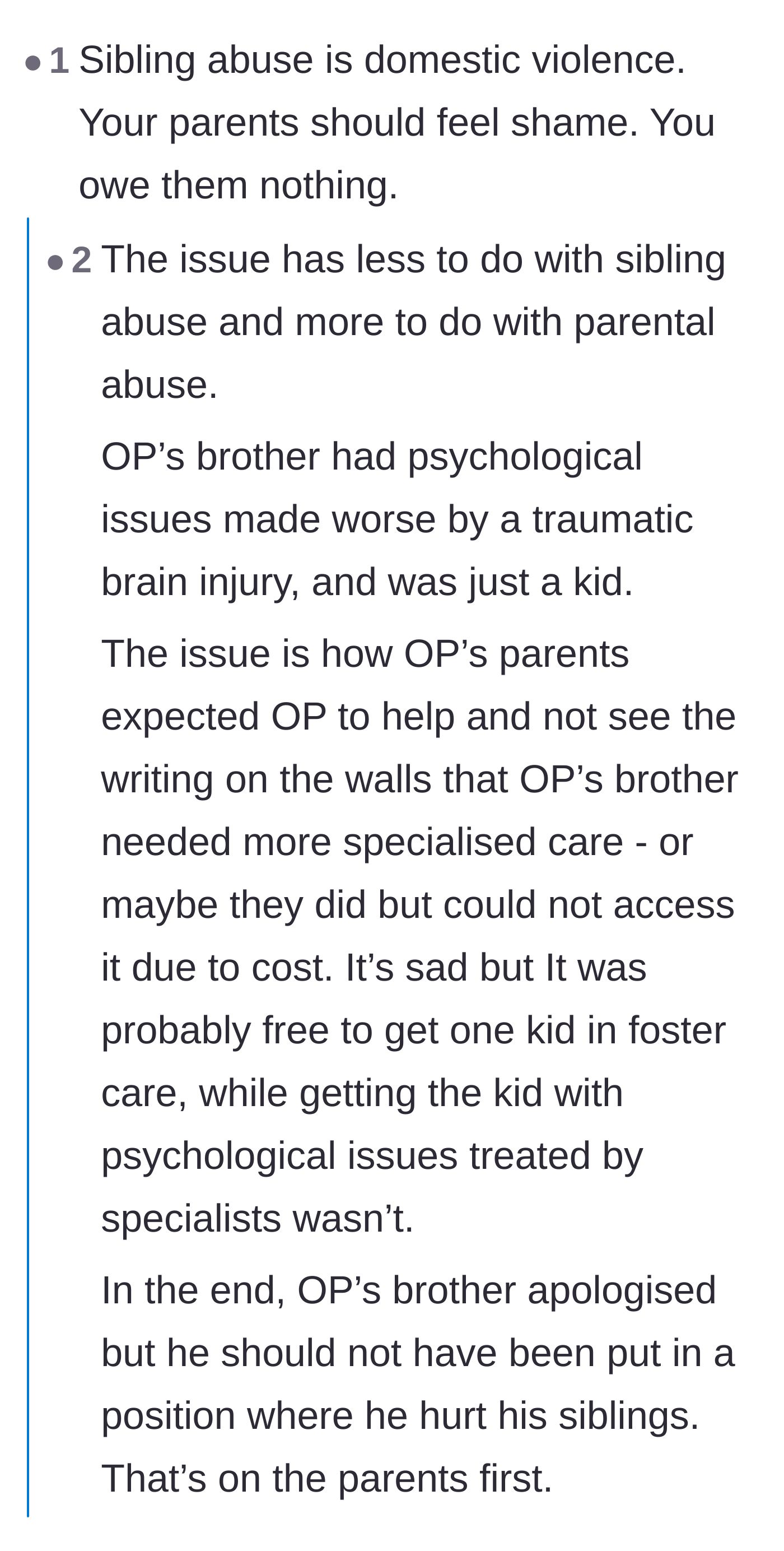 Comment thread 4 - A nuanced discussion shifting the blame from the medically traumatized brother to the neglectful biological parents.
