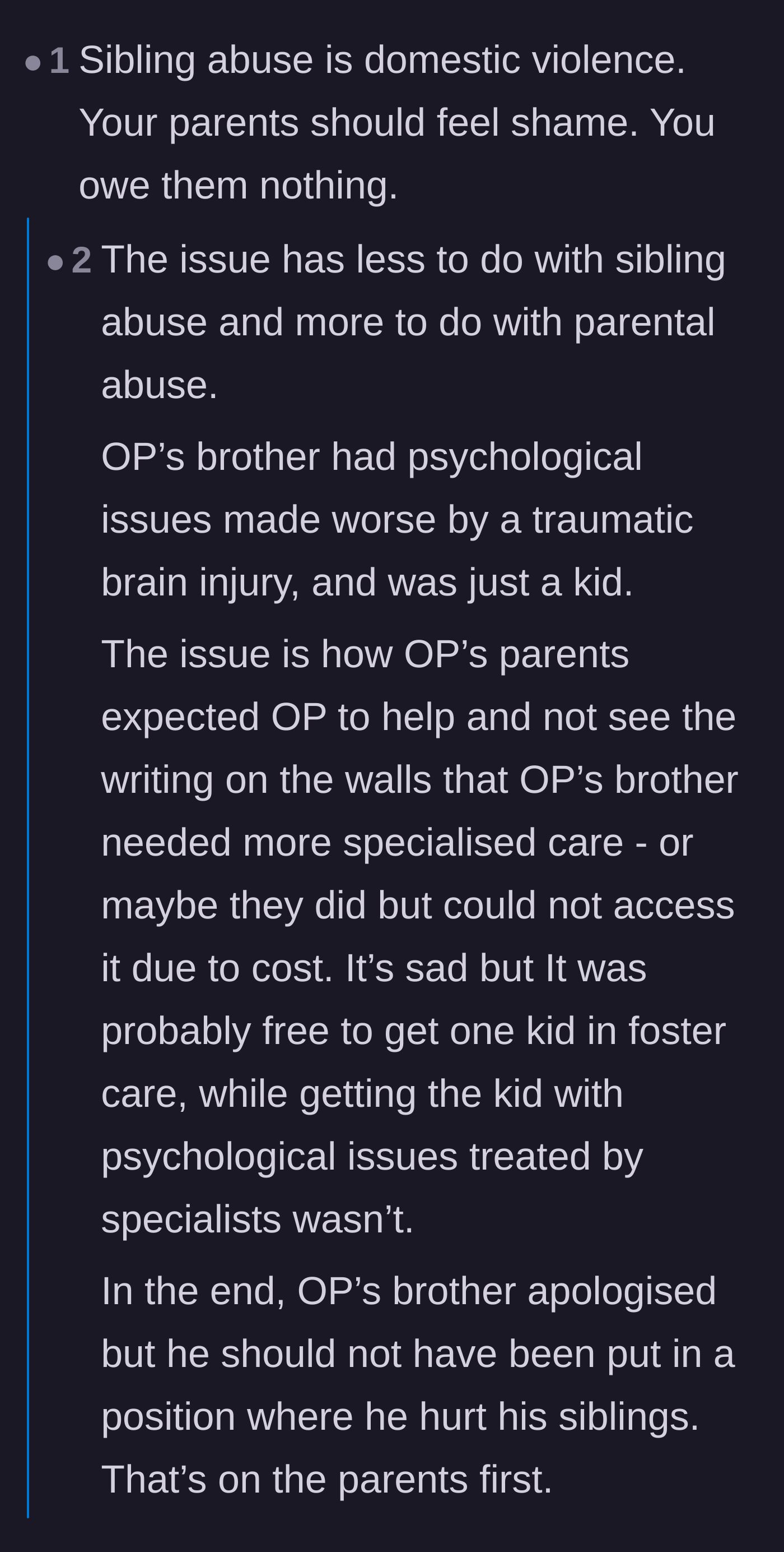 Comment thread 4 - A nuanced discussion shifting the blame from the medically traumatized brother to the neglectful biological parents.