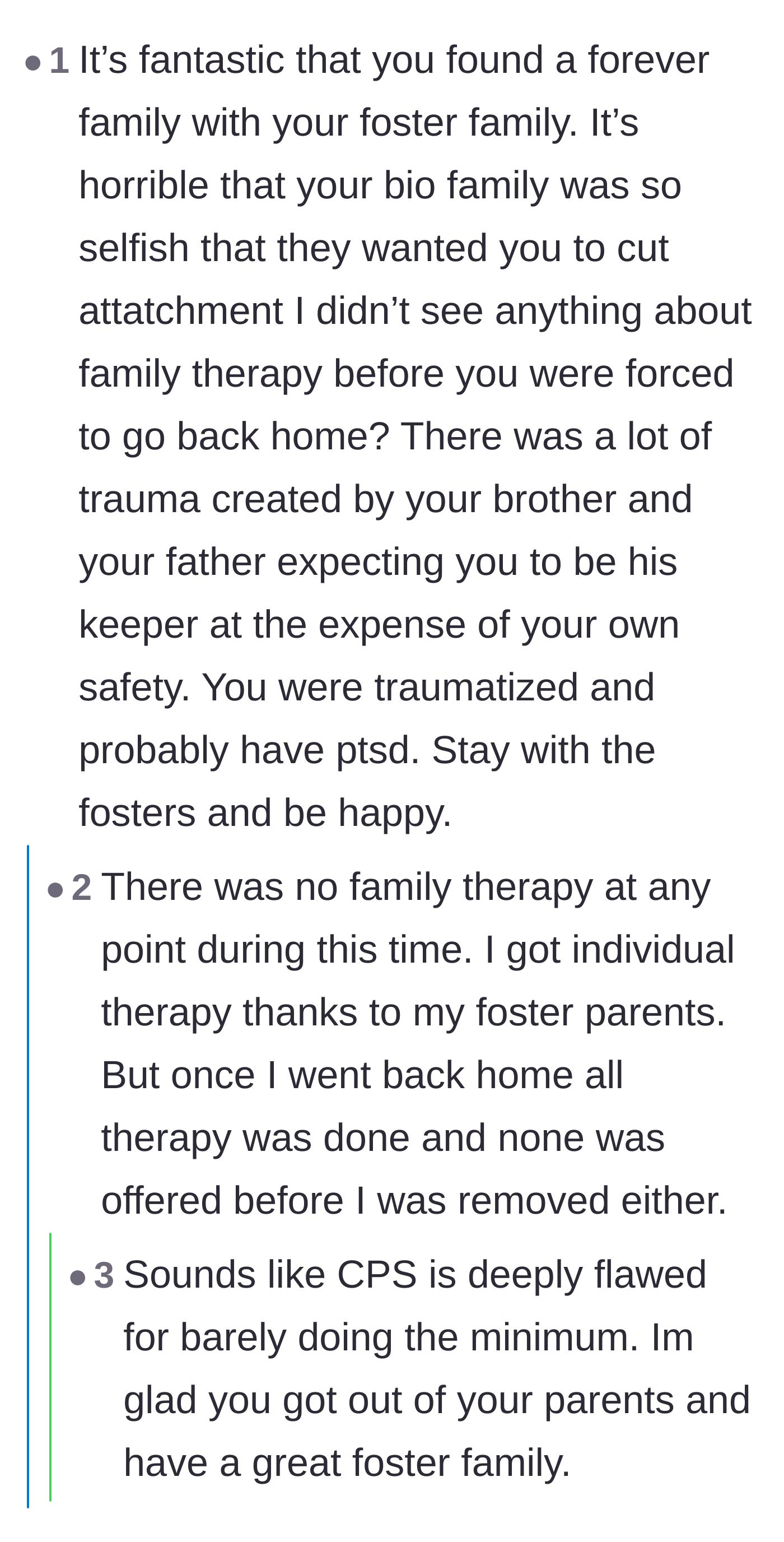 Comment thread 5 - Readers expressing outrage over the lack of therapy and support provided by child services during the reunification process.