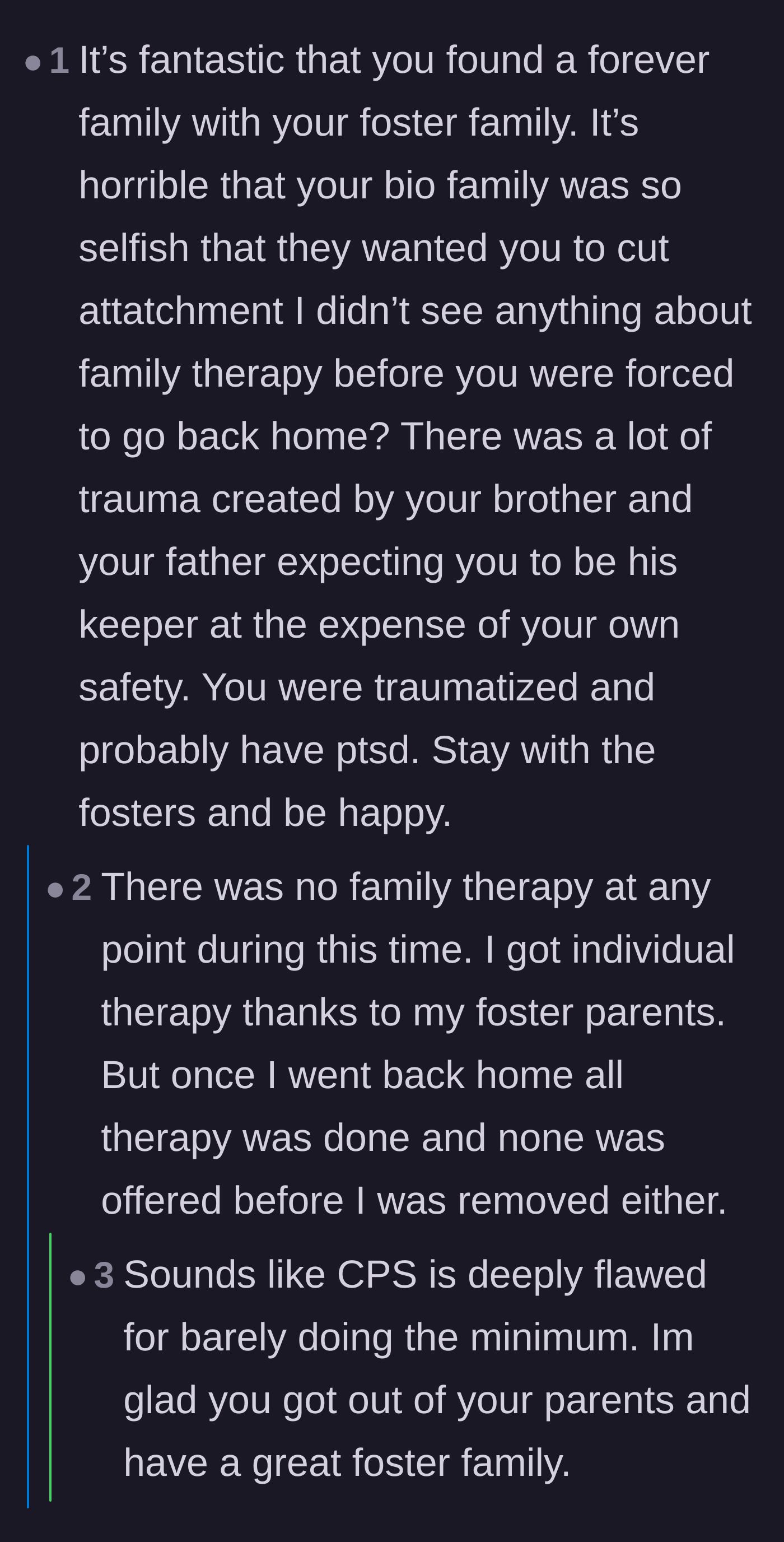 Comment thread 5 - Readers expressing outrage over the lack of therapy and support provided by child services during the reunification process.