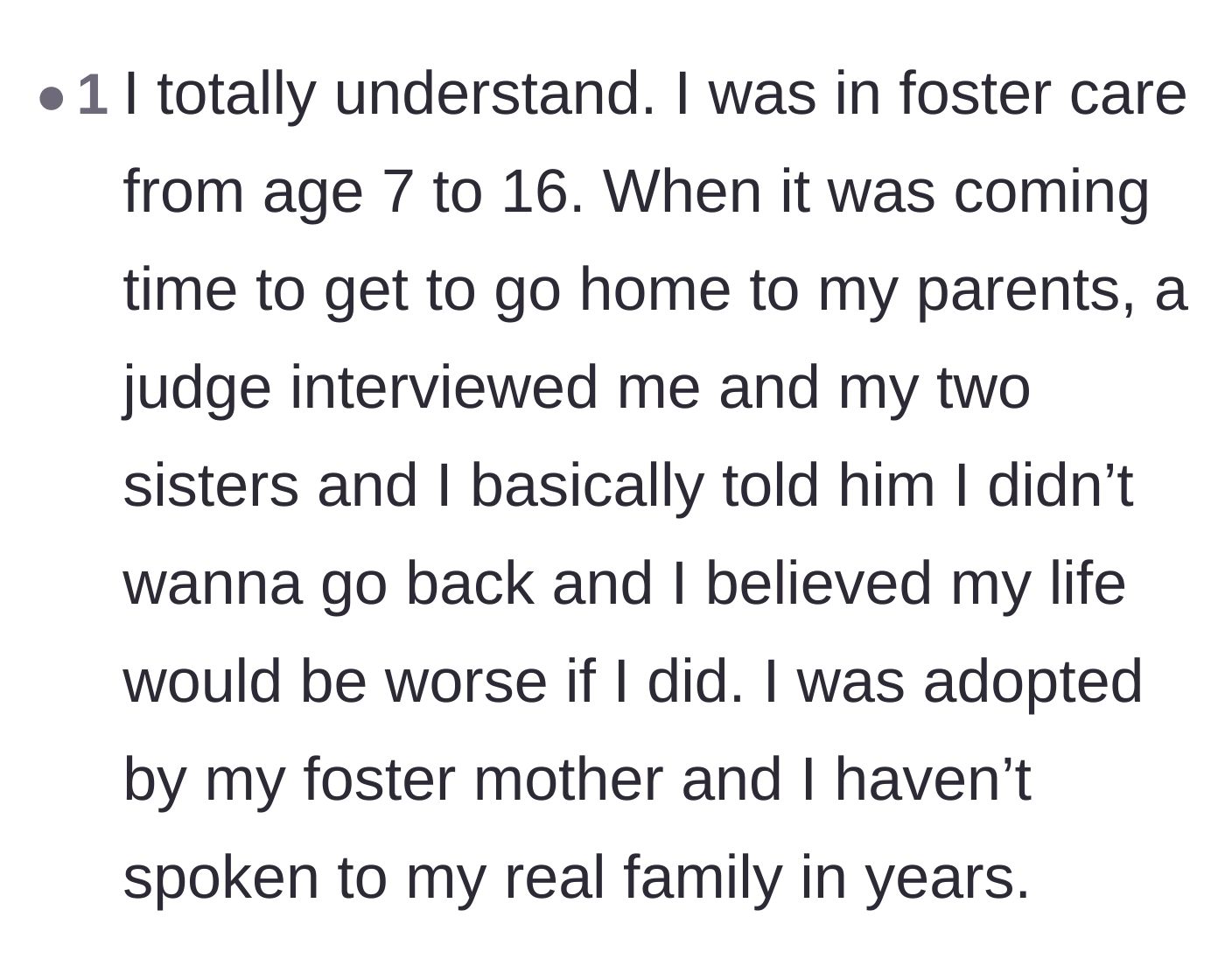 Comment thread 6 - A fellow former foster youth sharing their own parallel story of choosing their foster mother over their biological family.