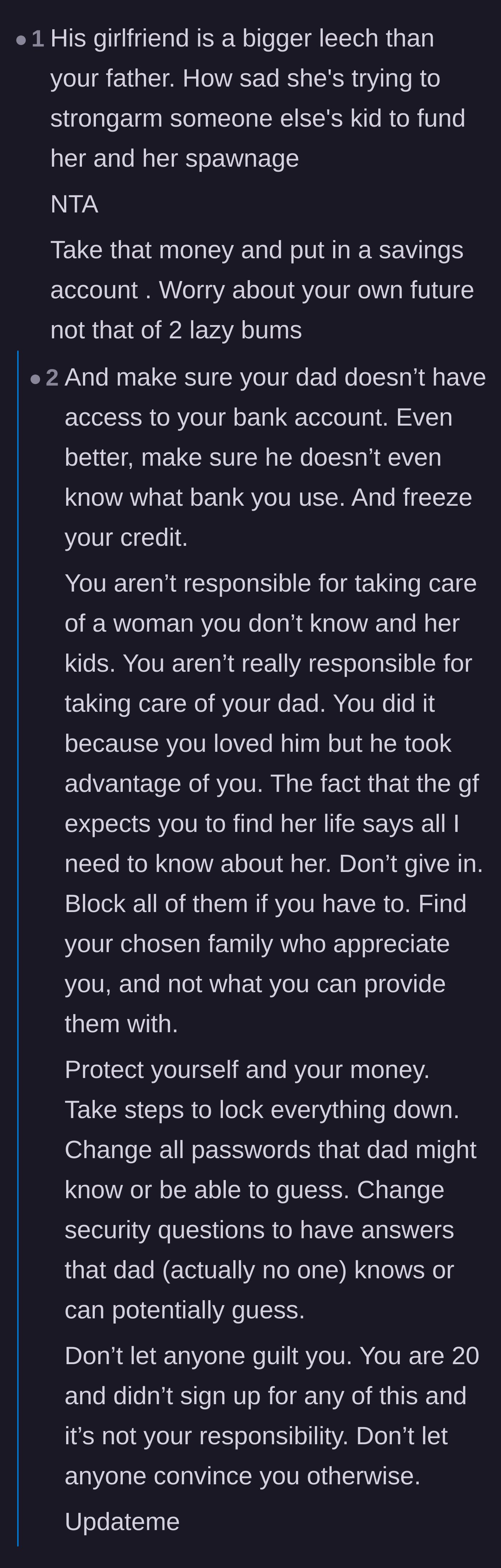 Comment thread 4 - Advice for the son to freeze his credit and lock down his bank accounts from his father.