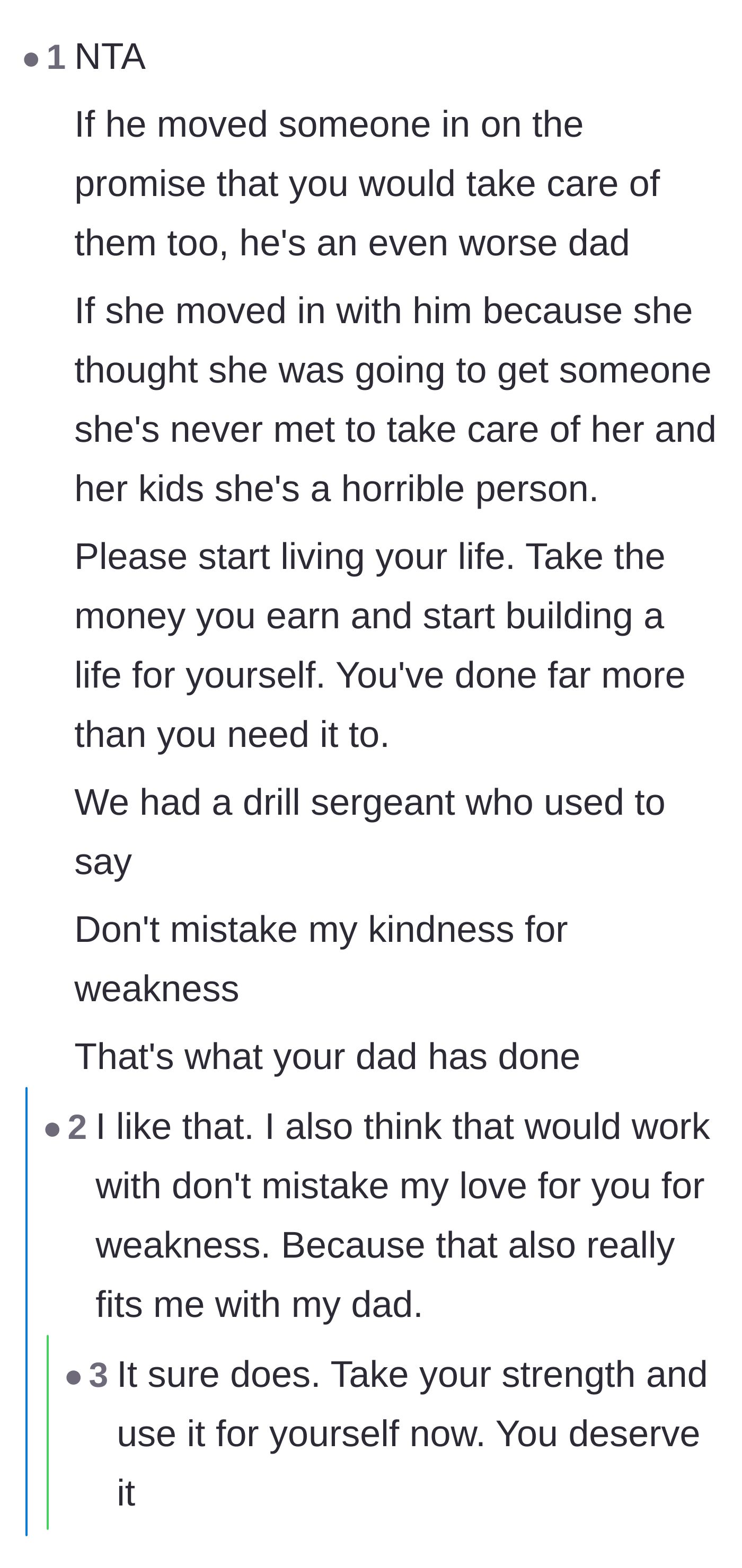 Comment thread 6 - A quote about not mistaking kindness for weakness, which the original poster resonated with.